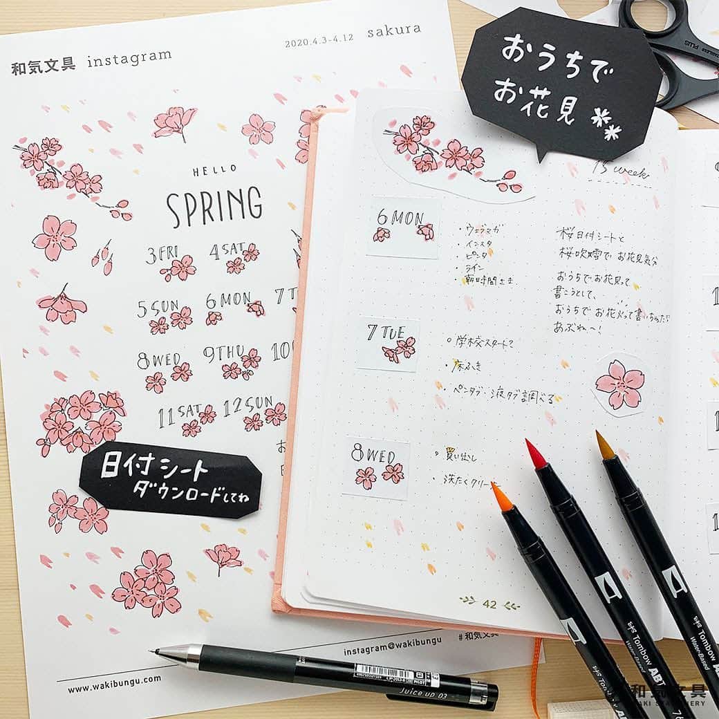 のインスタグラム：「今回は少しでも春気分を！『おうちでお花見』を楽しめる日付シートを作ってみました♪ ・ 新型コロナウィルスの影響で外出自粛とのこと。。。だったら今年のお花見はおうちでしようじゃないか～ということで桜の絵を描き、日付シートにしてみた～というわけなのです(^^) ・ 日付シートのダウンロードや詳細についてはウェブマガジンに掲載しております。 ↓プロフィール欄のURLからどうぞ @wakibungu ・ さくら日付シートで、おうち時間を春気分でお楽しみくださいませ♪ ・ #手帳 #日記 #ノート #文房具 #文具 #文具控 #手帳会議 #桜 #お花見 #diary #journal #notebook #stationery #和気文具 #大阪 #お家で過ごそう #stayhome」