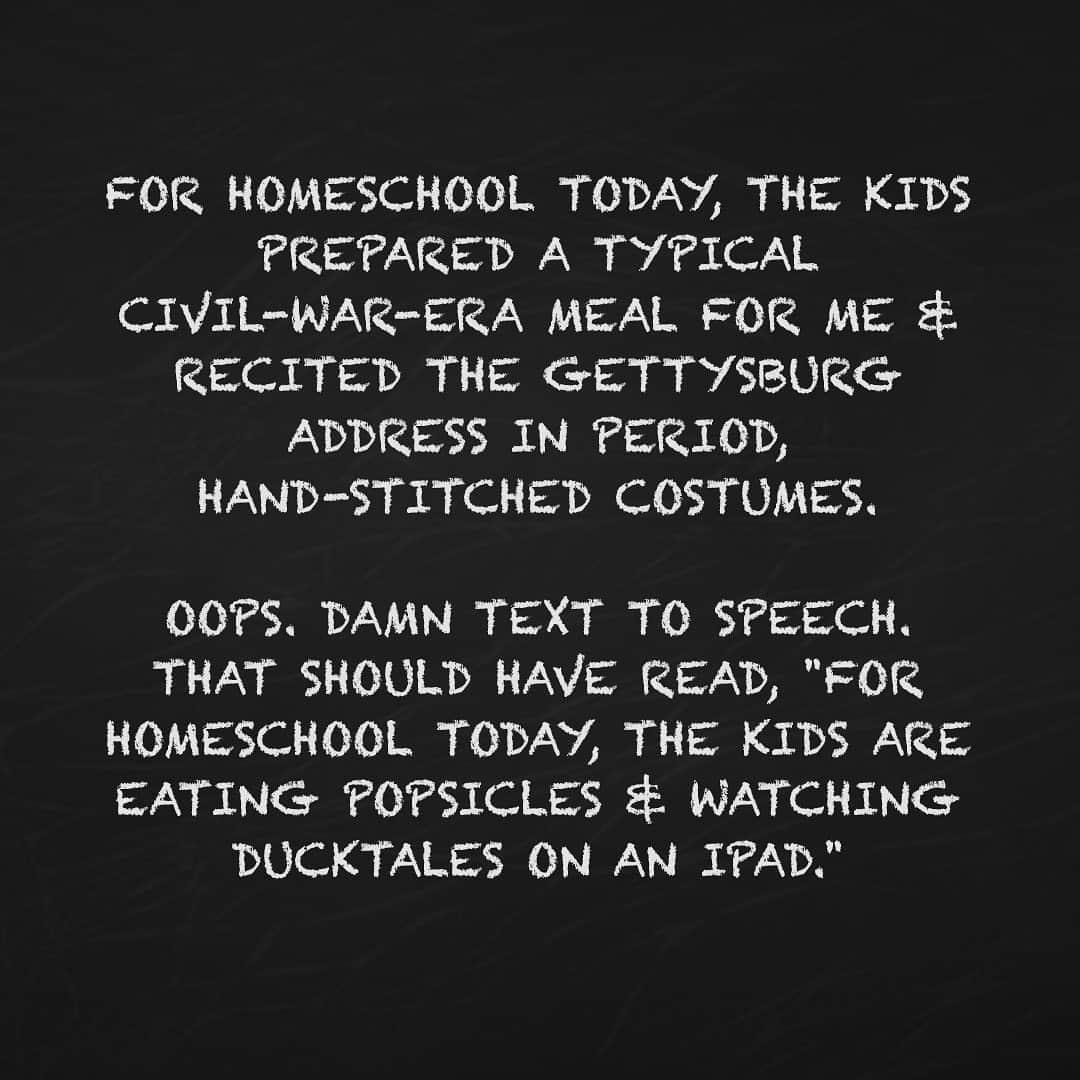 ミーシャ・コリンズさんのインスタグラム写真 - (ミーシャ・コリンズInstagram)「For homeschool today, the kids prepared a typical Civil War-era meal for me & recited the Gettysburg address in period, hand-stitched costumes.  Oops. Damn text to speech. That should have read, "For homeschool today, the kids are eating popsicles & watching DuckTales on an iPad."」4月3日 1時19分 - misha