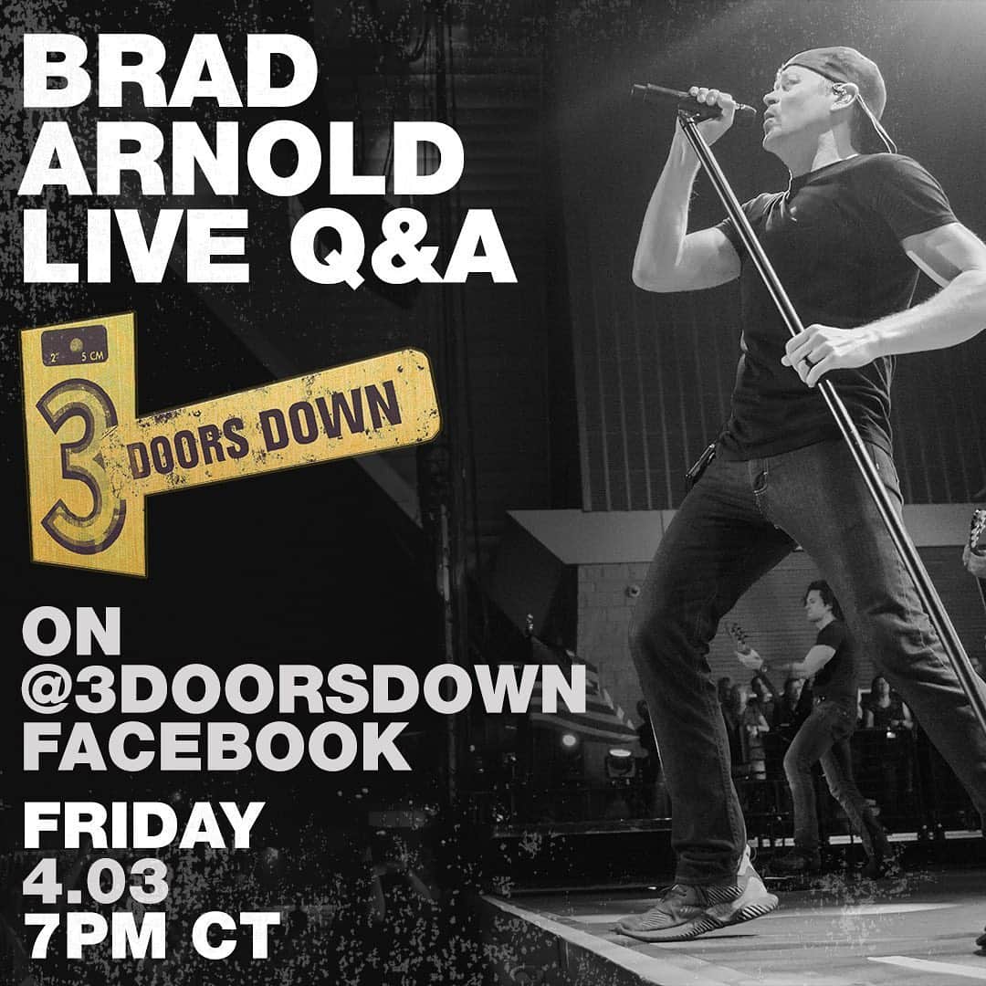 3 Doors Downのインスタグラム：「Brad is going live on our Facebook page tomorrow night! Don’t miss it. 👊🏼」