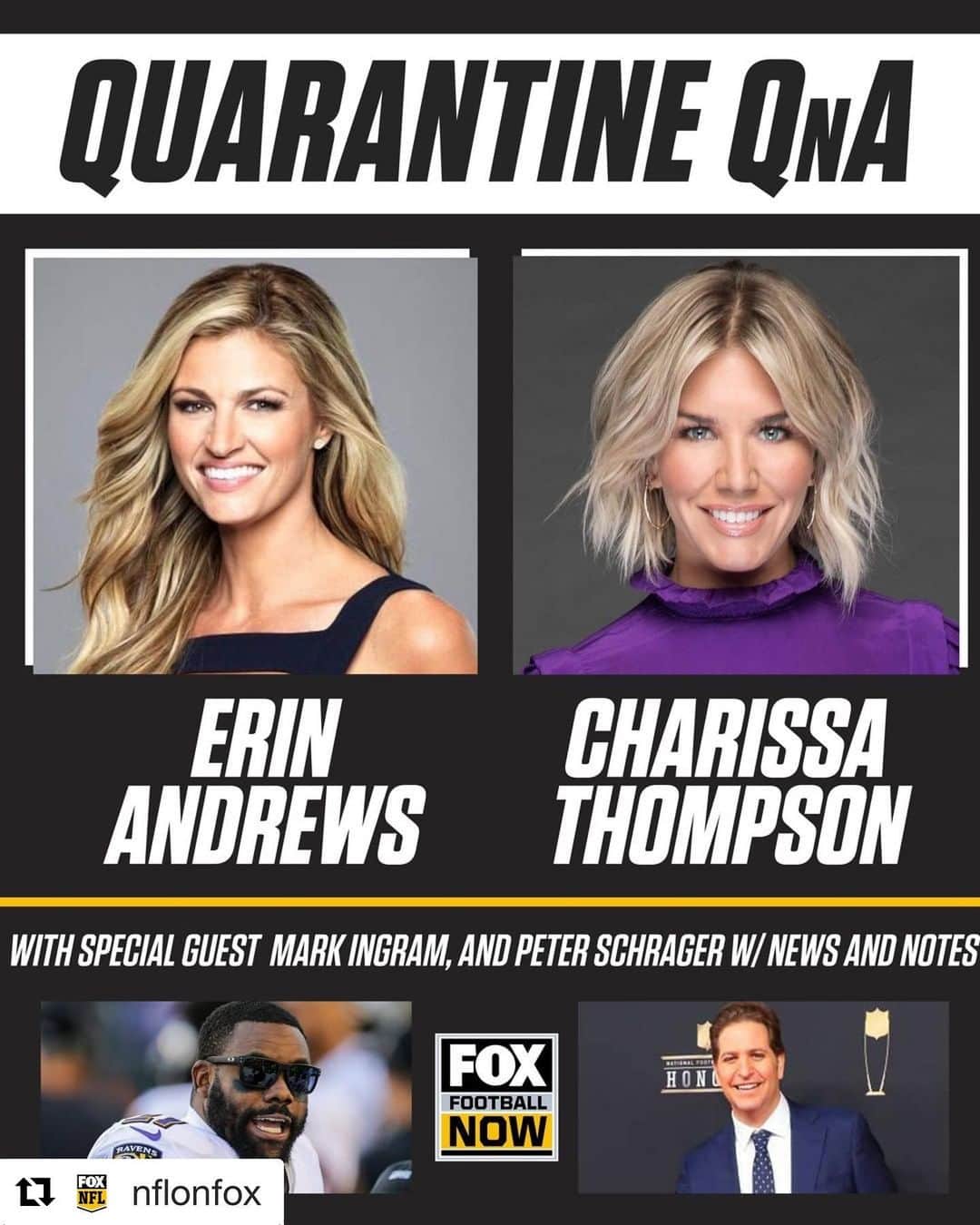 エリン・アンドリューズのインスタグラム：「TOMORROW, join @charissajthompson and I for a fun distraction! FOX FOOTBALL NOW where we will be answering YOUR questions using #QuarantineQnA! Featuring Pro Bowl RB @markingram21 and Peter Schrager with ALL the news/notes from around the league! Get you ?’s in! @nflonfox」