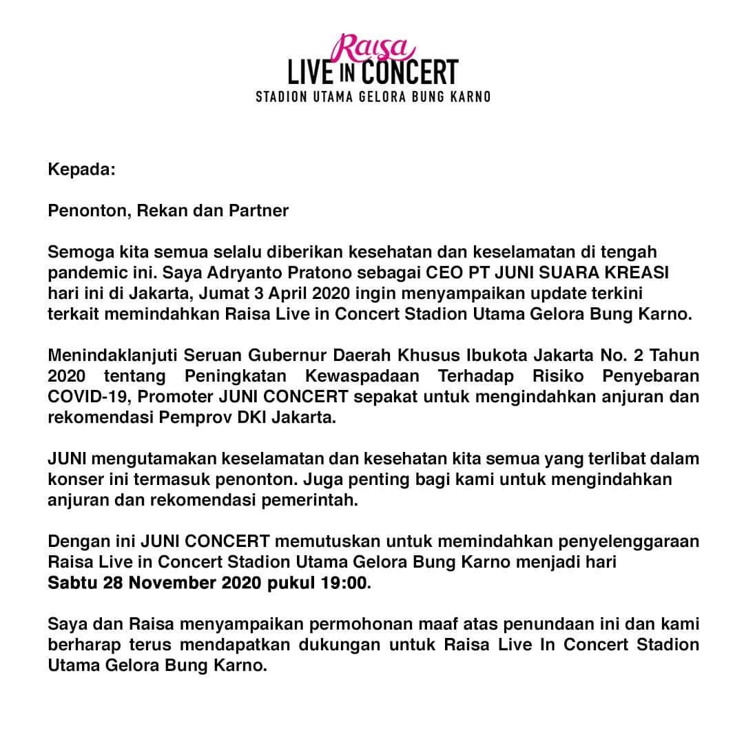 Raisa Andrianaさんのインスタグラム写真 - (Raisa AndrianaInstagram)「I honestly can still feel your excitement for my upcoming concert. But nothing matters more to me than your safety & health. Jadi, konser Raisa Live in Concert Stadion Utama Gelora Bung Karno akan dipindahkan menjadi tanggal 28 November 2020. Meanwhile, yuk kita bareng-bareng berdoa biar situasi seperti sekarang bisa healing dengan cepat! Jangan lupa untuk saling support teman-teman kita lainnya, tak terkecuali musisi2 kesayangan kita ya guys! See you on November 28th💖 ⁣ ⁣ Untuk penjelasan lebih lanjut, stay tune on @juni_concert instagram atau cek ke http://raisa2020.id/ ya guys!⁣ ⁣ #RaisaGBK2020⁣ #StaySafeStayHealthy #DirumahAja⁣」4月3日 13時54分 - raisa6690