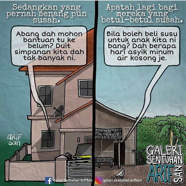 Koleksi Komik Malaysiaさんのインスタグラム写真 - (Koleksi Komik MalaysiaInstagram)「#Repost @galeri.sentuhan.arifsan with @get_repost ・・・ Sedangkan mereka yang pernah menikmati kesenangan pun turut merasai kesulitan di saat ini, apatah lagi bagi mereka yang sememangnya hidup susah sejak dari dahulu lagi.  Diharap nasib golongan sebegini akan turut dibela dan mendapat perhatian dari banyak pihak. Kerana mungkin ada antara mereka yang tidak mempunyai Internet, mahupun televisyen.  Semoga Allah melindungi mereka, dan mesej ini turut dapat disampaikan kepada pihak yang sepatutnya. Bantulah mereka.. 😔  #GaleriSentuhanArifSan」4月3日 14時35分 - tokkmungg_exclusive