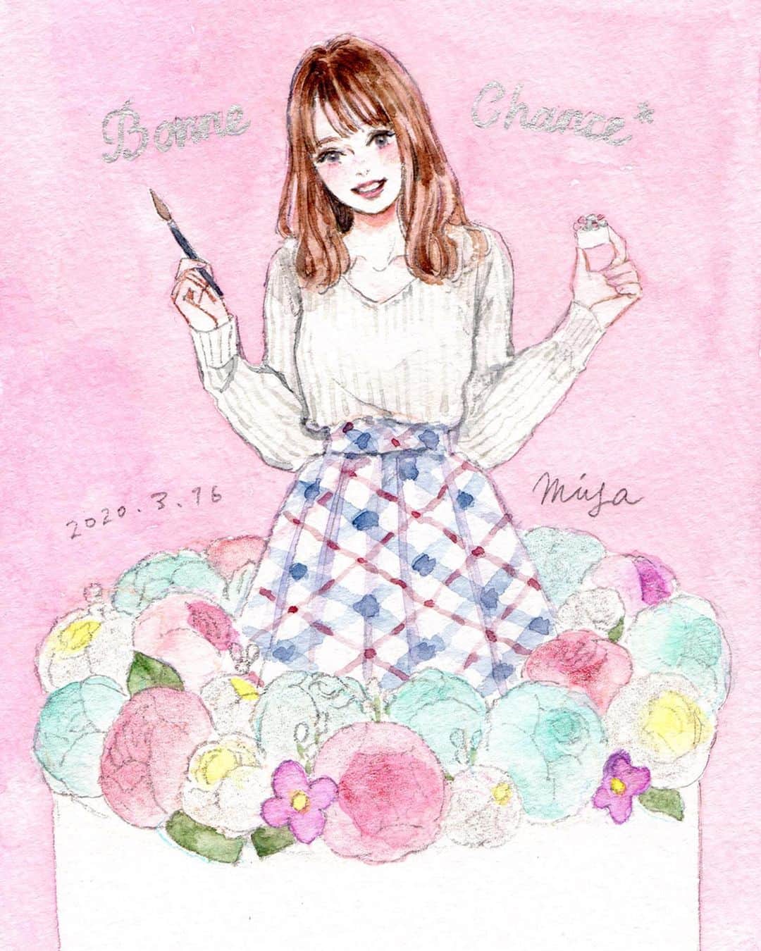 miya(ミヤマアユミ)さんのインスタグラム写真 - (miya(ミヤマアユミ)Instagram)「ミニチュア作家BonneChanceのyuriさんを描かせて頂きました。 @bonnechance_yuri  プロフィール画像のミニチュアケーキ、実際の比率で描くとケーキが小さすぎて見えなくなってしまうので、反対にミニチュアのように可愛らしいyuriさんを小さくしてみました👼💗 yuriさんが作ってくださったミニチュア作品で毎日アフタヌーンティー気分を楽しんでいます🥰☕️」4月3日 21時48分 - miya78pic
