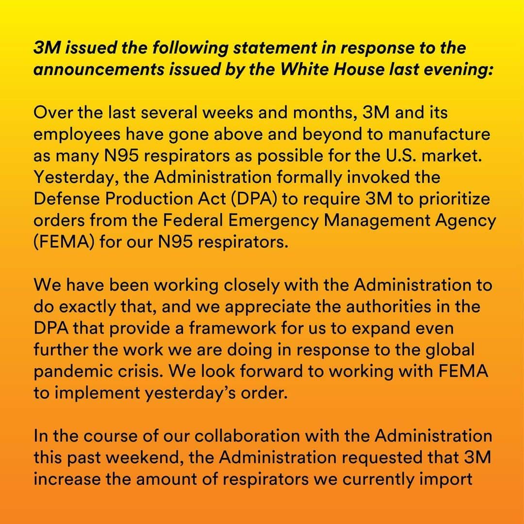 3M（スリーエム）のインスタグラム：「3M issued the following statement in response to the Defense Production Act order and announcements by the White House last evening. Link in bio for full statement.」