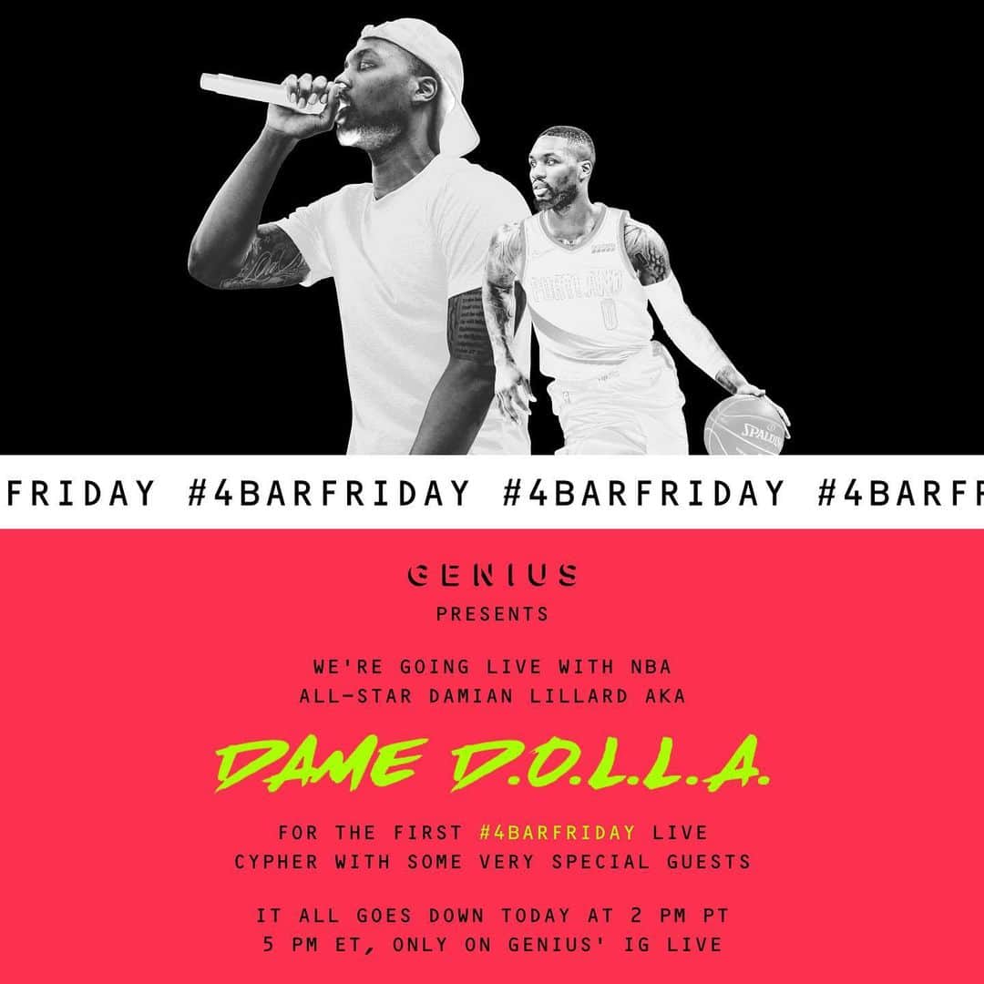 デイミアン・リラードのインスタグラム：「🚨 I’m hosting a cypher on @genius IG live today at 2 west coast time/5 east coast time with some of the best MCs from my #4BarFriday community. 8 MC tournament that I hope to host every week while we are all on lockdown at home. Tap in! 🎤」