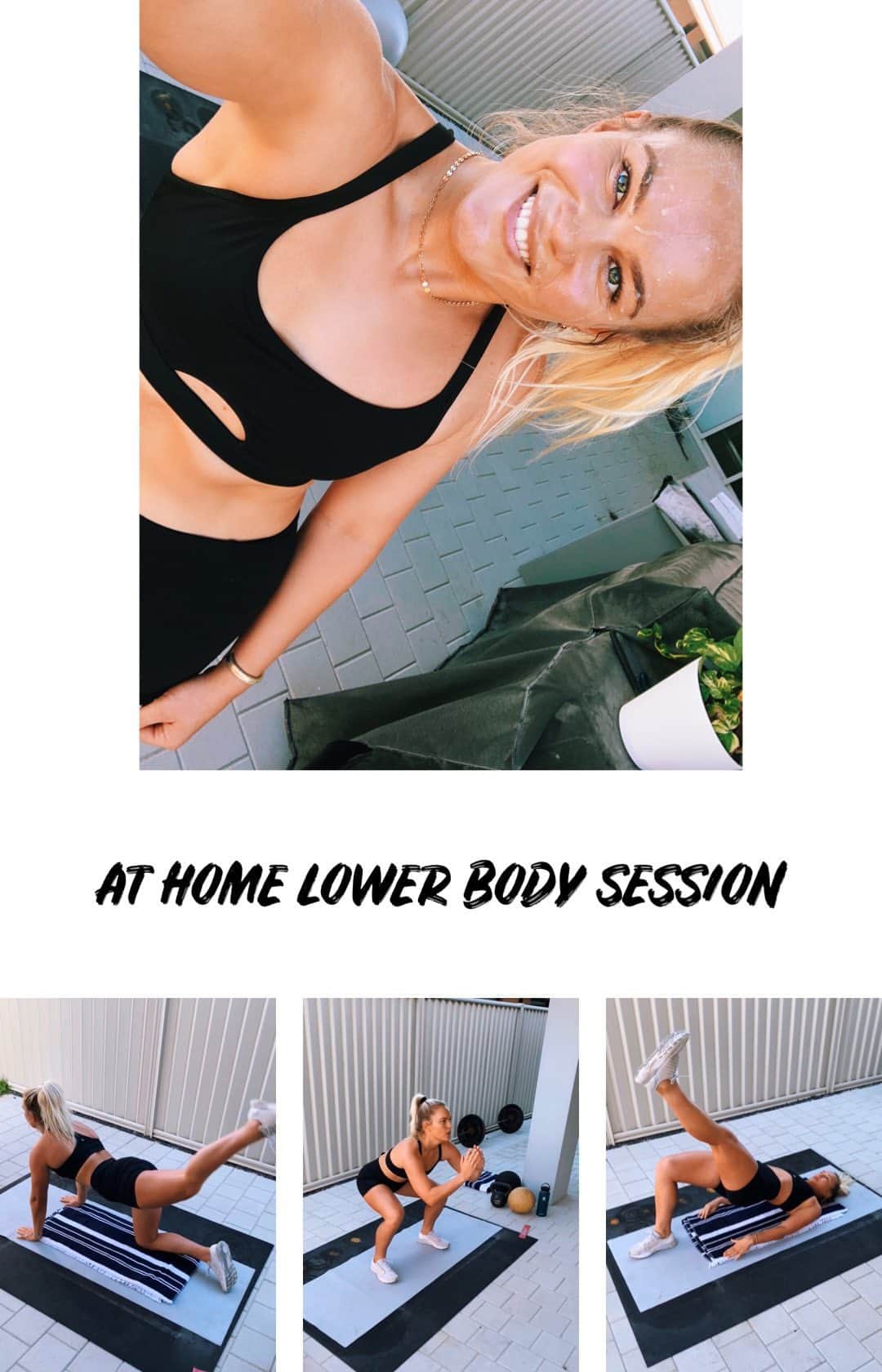フェリシティー・パルマティアーのインスタグラム：「Little lower body session that I’ve been doing at home that requires no equipment! 🤗💛 SQUATS - 15 reps  GLUTE BRIDGE - 10 each side  CLAMSHELL - 15 each side  GLUTE BRIDGE WITH LEG RAISE - 10 each side  DONKEY KICKS - 10 each side  Rest 30secs to 1 min between each exercise. Repeat circuit 2-3 times.  Save me for later ↗️↗️」