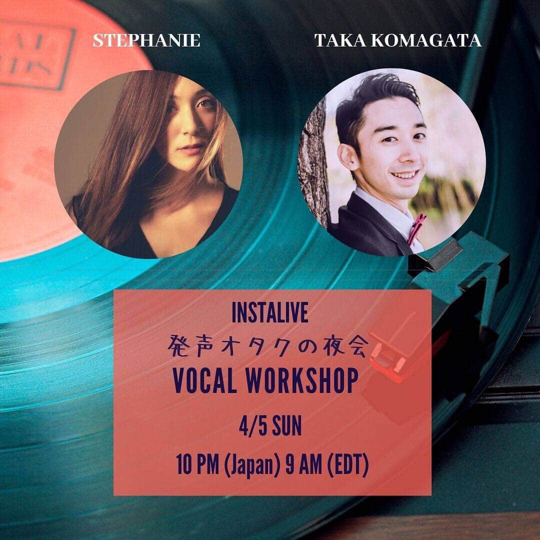 のインスタグラム：「今夜、日本時間22:00から！オペラ歌手で、高校からの大親友であるTaka Komagataと発声のあれこれについてカジュアルにトークしてみようと思います😊 Taka Komagata and I are gonna have our first vocal workshop tonight. Hope we can share some interesting topics with each other!  #singers #stayhome #おうち時間」