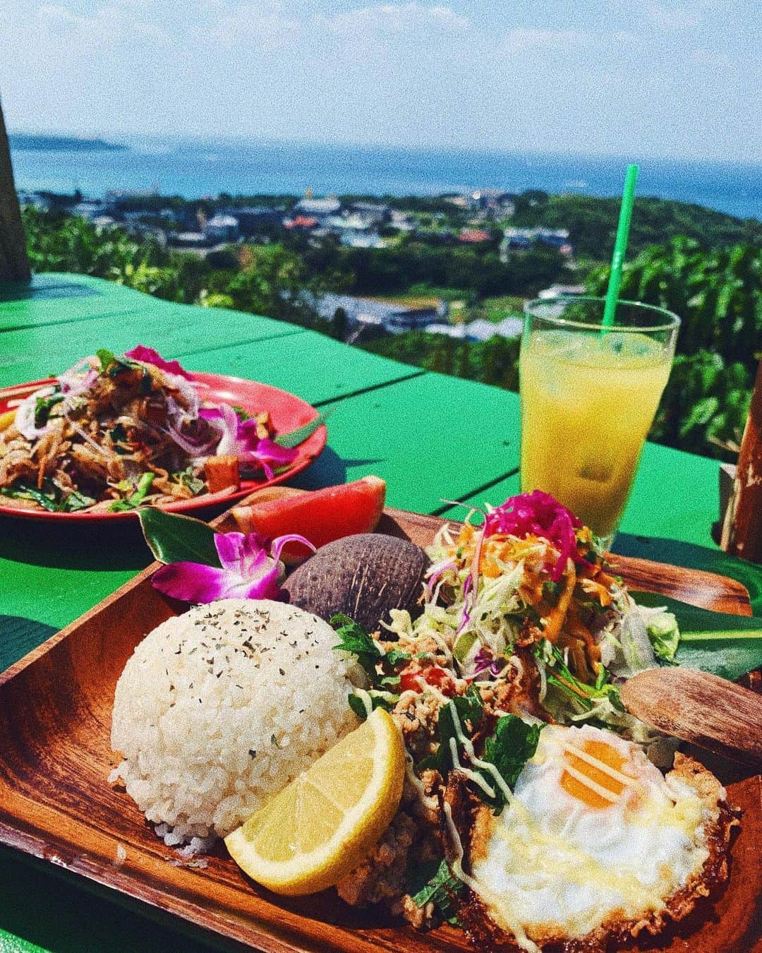 井上 莉彩のインスタグラム：「. 楽しかった沖縄の思い出にもう少し浸る🤤🏝❤️笑 . あやめちゃんが初めて沖縄に行く時にオススメしてくれた #亜熱帯茶屋 🌺🌺 . ロケーション最高すぎでめちゃくちゃ良かった〜💚🧡💜 大好きなガパオライスも食べれて大満足🤤🤤❤️ あやめちゃんありがとうございます🏝💓 . #沖縄 #沖縄旅行 #りさの冬休み  #okinawa #okinawatrip  #沖縄ランチ #ガパオライス」