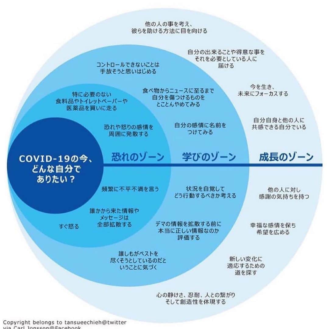 HiRAO INCのインスタグラム：「. Let's all do what we have to do 医療関係者の方々、日夜対策を考えてくれている政府関係者の方々、ありがとうございます。 メディアの視聴率を意識した報道や、まわってくるデマに怒りや、ストレスを感じている方が多いとおもいますが、とにかく、一人一人、冷静にやれることをやりましょう。 今できることは#stayathome 🏡💕☺️🙏✨. . #repost  @maiko_holistic_skin_clinic via @PhotoAroundApp . @kazukovalentine  FBで見かけたこの図 とっても良いと思ったのでインスタでもシェアさせていただきます✨ . これ、ほんとに外側へいくほど、 たくさんの人に色々なものを与えることができるなー😊 . @rea.fj 藤井 麗美さんが日本語訳しているFB投稿からシェアさせていただきました。 (英語のオリジナルはCarl Jonssonさんのこちらの投稿とのこと↓ https://www.facebook.com/597941924/posts/10157313027246925/?d=n)」