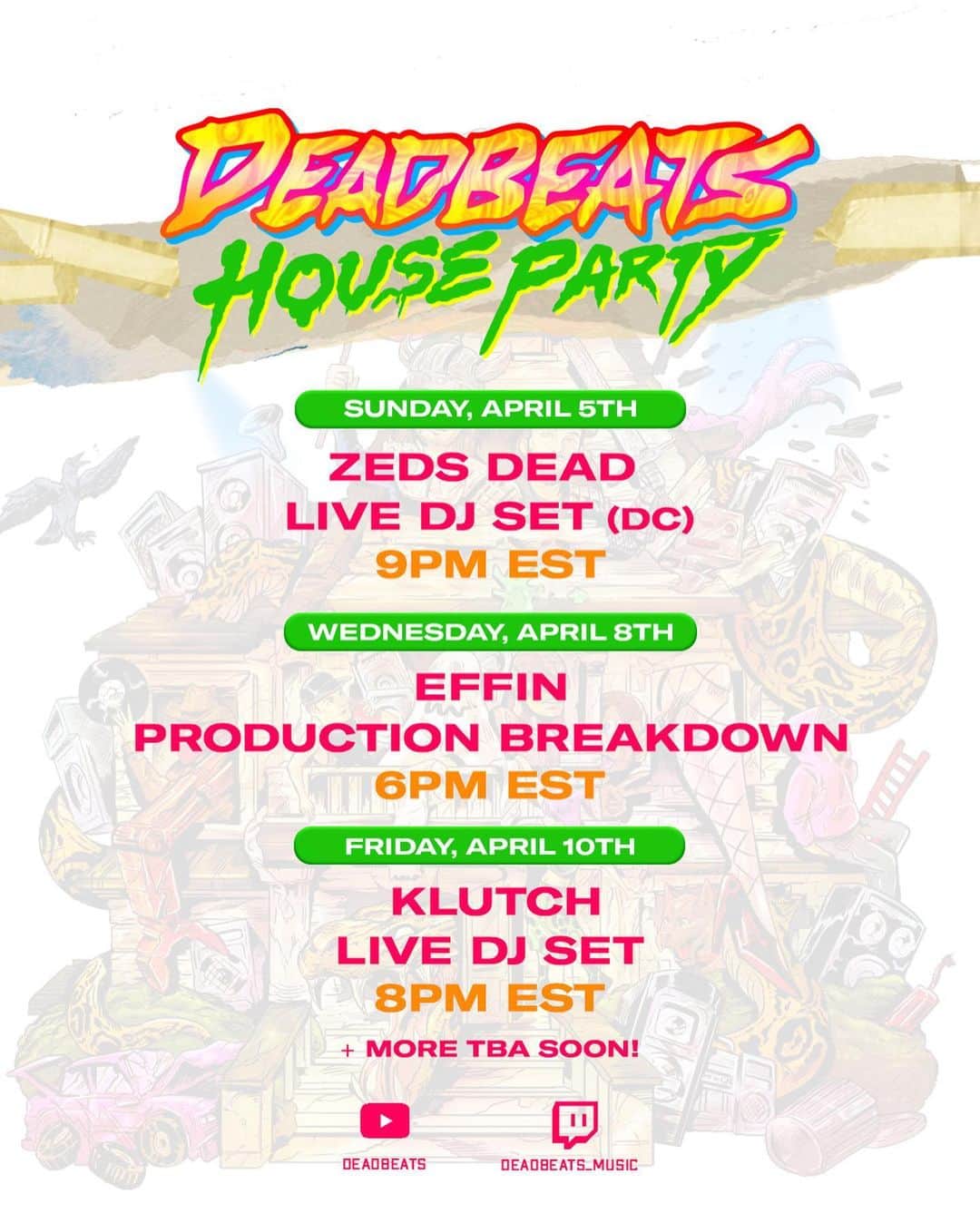 Zeds Deadさんのインスタグラム写真 - (Zeds DeadInstagram)「DC takes over the DEADBEATS HOUSE PARTY stream tonight at 9PM EST on Twitch and Youtube with a live DJ set! Swipe left to see the rest of this weeks schedule featuring @effinofficial, @klutchbass + more TBA 🤘」4月6日 4時03分 - zedsdead