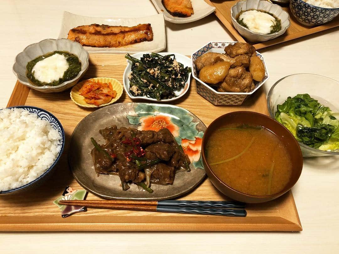 杜このみのインスタグラム：「今日の夜ご飯で早速、 頂いた素敵なお皿を使わせてもらいました😊♪ お料理の写真を載せるのは控えていたのですが、お皿が素敵なので今日だけ…♡ 鮮やかな色が映えて食卓を彩ってくれました♪😊 #stayhome  #素敵な食器 #杜ごはん #流石に私はこの半分の量。笑 #牛ハラミとニンニクの芽の炒めもの #鶏肉アドボ #春菊とツナのサラダ #しゃけの西京焼き #めかぶトロロ #長芋と三つ葉のお味噌汁」