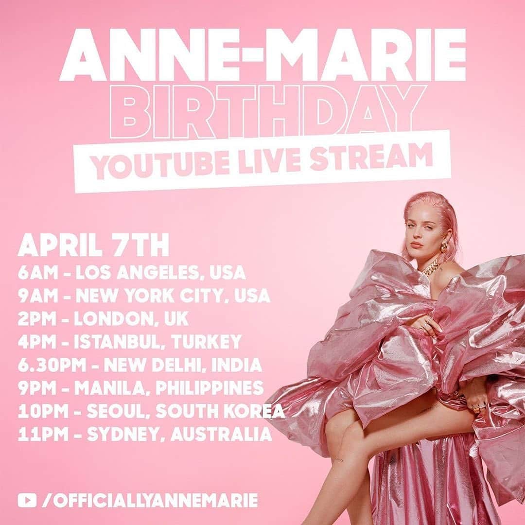 ワーナーミュージック・ジャパン洋楽さんのインスタグラム写真 - (ワーナーミュージック・ジャパン洋楽Instagram)「【Anne-Marie】 明日4/7はイギリスの歌姫アン・マリーのお誕生日🎂💕 ✨ 彼女は @amazonmusicuk のアレクサに、「今日私お誕生日なんだけど、何をしたらいい？」と聞いたら、新曲「バースデイ」の歌詞で解答⁉️ ✨ 「あなた（私）の誕生日だから、好きな事をやって、好きなご飯食べて、好きな服を着て」と答えました😆アン・マリーもびっくり‼️ ✨ そして、明日4/7 22時（日本時間）からファンの投票結果を元にアン･マリーの公式YouTubeチャンネルより全世界同時進行のライブ配信でファンとのお誕生会を実施‼️ ✨ ぜひ参加してみてください💖 #annemarie #birthday #youtubelivestream #amazon #alexa #アンマリー #誕生日 #バースデイ #おうちで音楽 #洋楽」4月6日 18時58分 - warnermusicjp_intl
