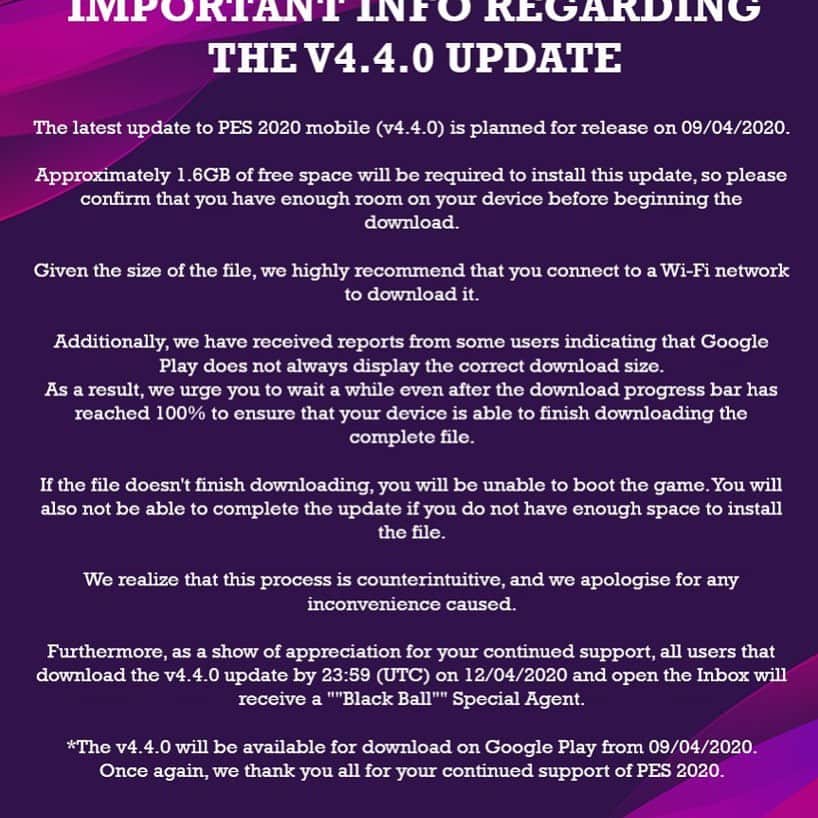 KONAMIさんのインスタグラム写真 - (KONAMIInstagram)「Important Info Regarding The V4.4.0 Update - #eFootballPES2020 MOBILE」4月6日 23時28分 - konami