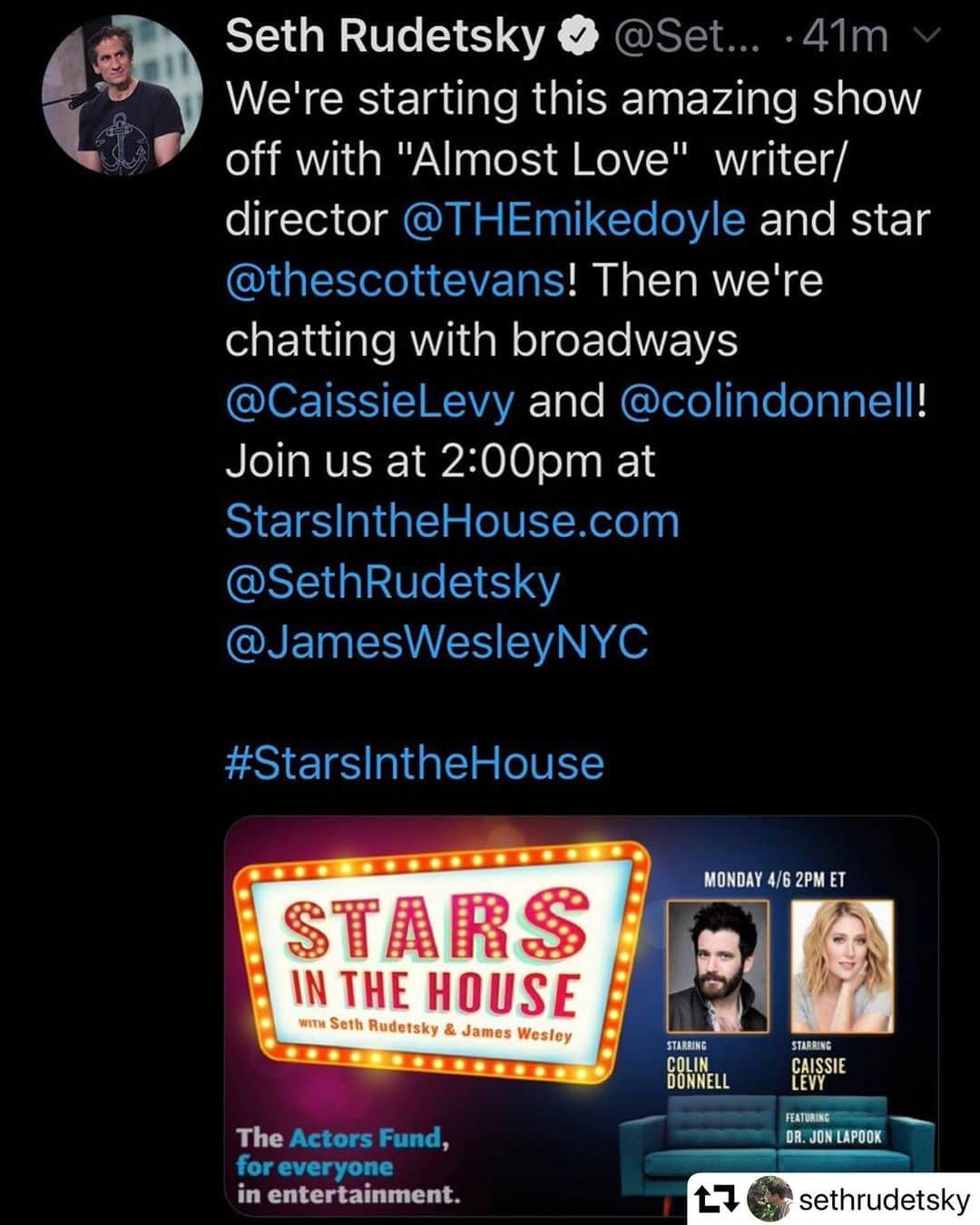 マイケル・ドイルのインスタグラム：「We’re live NOW. Raising $$$ for The Actor’s Fund. @bcefa  #repost @sethrudetsky ・・・ @colin_donnell_fanpage, @scottevansfan_page, @caissielevy, @themikedoyle, @colindonnell」