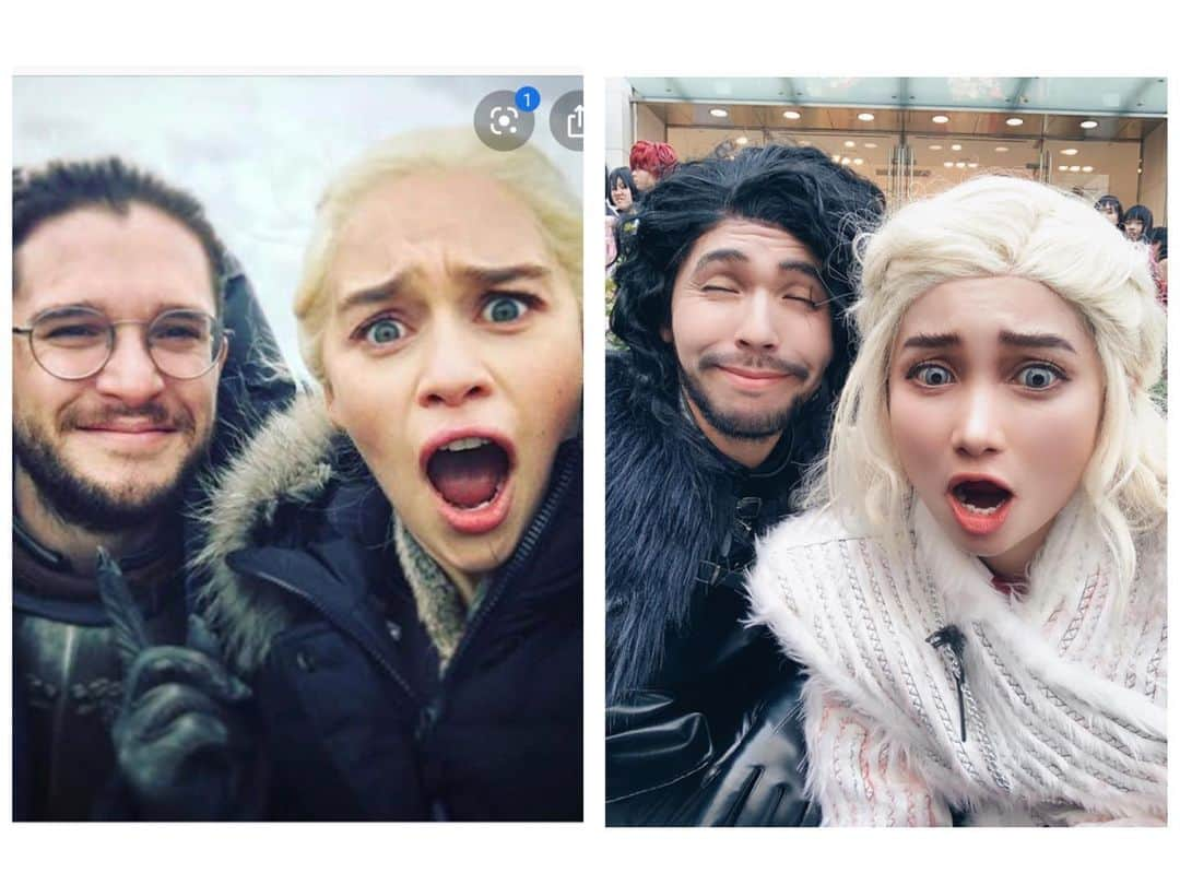 チアコマのインスタグラム：「世界に平和が訪れますように🌍🧚‍♀️🧝‍♀️🤔﻿ ﻿ ﻿ #顔芸﻿ #笑顔 #smile #johnsnow #daenerys  #エミリアクラーク #got #gameofthrones #daenerystargaryen  #デナーリス #ジョン・スノウ #cosplay #コスプレ #海外ドラマ #海外ドラマコスプレ #amzonprime #netflix」