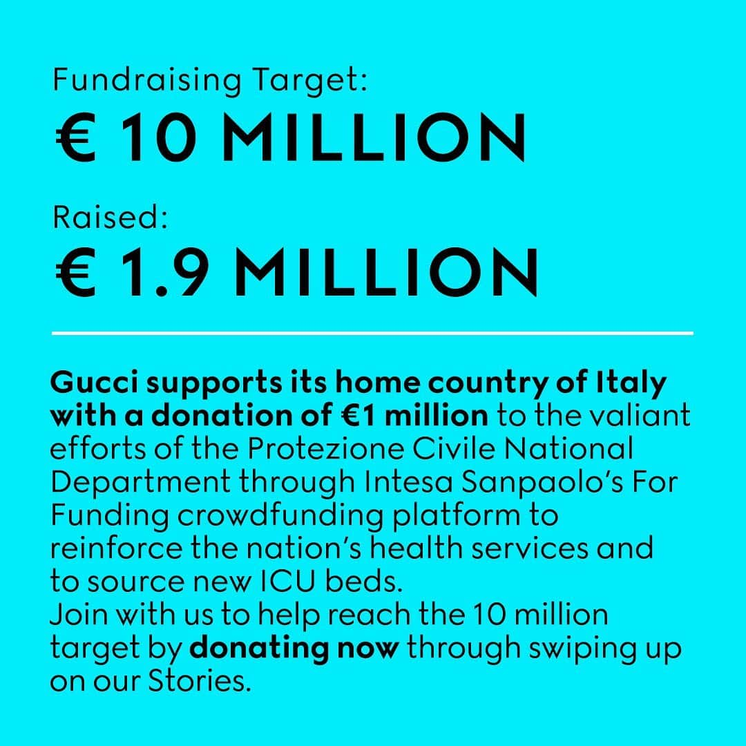 グッチさんのインスタグラム写真 - (グッチInstagram)「We Are All In This Together. Gucci stands with its global #GucciCommunity to fight the #COVID19 pandemic, and donated €2 million to two crowdfunding campaigns. Join with us and give now.  Gucci donated €1 million to the @unfoundation’s COVID-19 Solidarity Response Fund in support of the World Health Organization @who though Facebook’s US $10 million Matching Fundraiser. Today the donations are at $5.5 million, which come from a mix of donations including those from the Gucci community from the past week, help us reach the $10 million target by donating through the Donate Sticker on our Stories.  Gucci supports its home country of Italy with a donation of €1 million to the valiant efforts of the #DipartimentoProtezioneCivile through @intesasanpaolo’s #ForFunding crowdfunding platform to reinforce the nation’s health services and to source new ICU beds. Today the donations are at €1.9 million, which come from a mix of donations including those from the Gucci community from the past week, join with us to help hit the €10 million target by donating now through swiping up in our Stories. @alessandro_michele #StaySafe #FlattenTheCurve #WorldHealthDay」4月8日 1時30分 - gucci