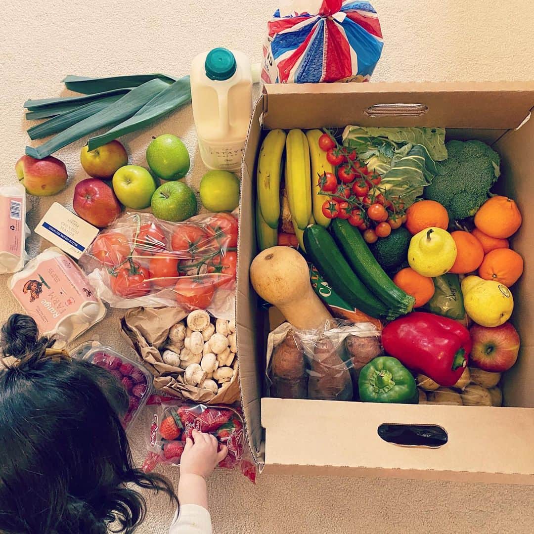 MEGのインスタグラム：「先週からお店にも行かないようにして、真剣に外出を控えているので、ご近所の友達のぶんもまとめて野菜の宅配 (@knock_knock_by_smith_and_brock)をたのんでみた。  初めてだったけど、箱を開けてみたらレストランやホテルに卸してるお店らしく、とても質の良い綺麗な野菜たちの使えるラインナップで大満足。野菜庫がいっぱいになり、嬉しい。それってほんとに小さな幸せだけども、わくわくするんだなぁという事に気づいた。冷凍保存方法とか調べたりしてる。  暇が文化を生む、って誰かが言っていて、それを最近は一日に何回か思い出す。暇って、大事。こう言う状況になってから、人間として、とか環境について、とか、考える時間が増えた。」