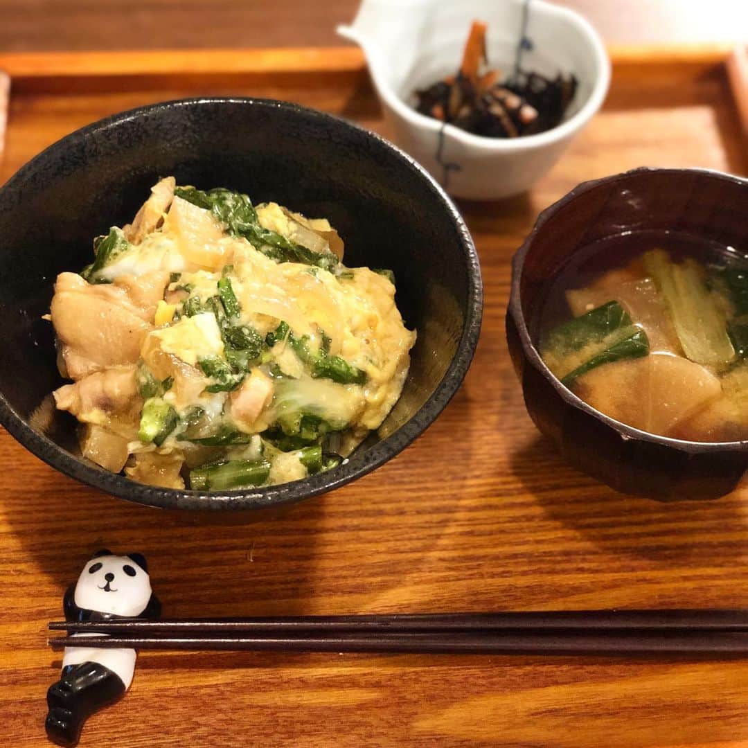 のインスタグラム：「一昨日の鶏手羽煮物が余ってたので、親子丼にしてみました😊﻿ ﻿ 冷蔵庫にいた春菊もプラスしたら、めっちゃ美味しい🙌スタンダードな親子丼じゃないけど、これは良い発見をした(๑•̀ㅂ•́)و✧﻿ ﻿ ﻿ #きょうのごはん﻿ #適当ごはん﻿ #おうちごはん﻿ #おうちごはんlover﻿ #ゆるめし﻿ #japaneasefood﻿ #クッキングラム﻿ #ひとりごはん﻿ #親子丼﻿ #春菊﻿ #おうちで過ごそう﻿ #おうち時間﻿」