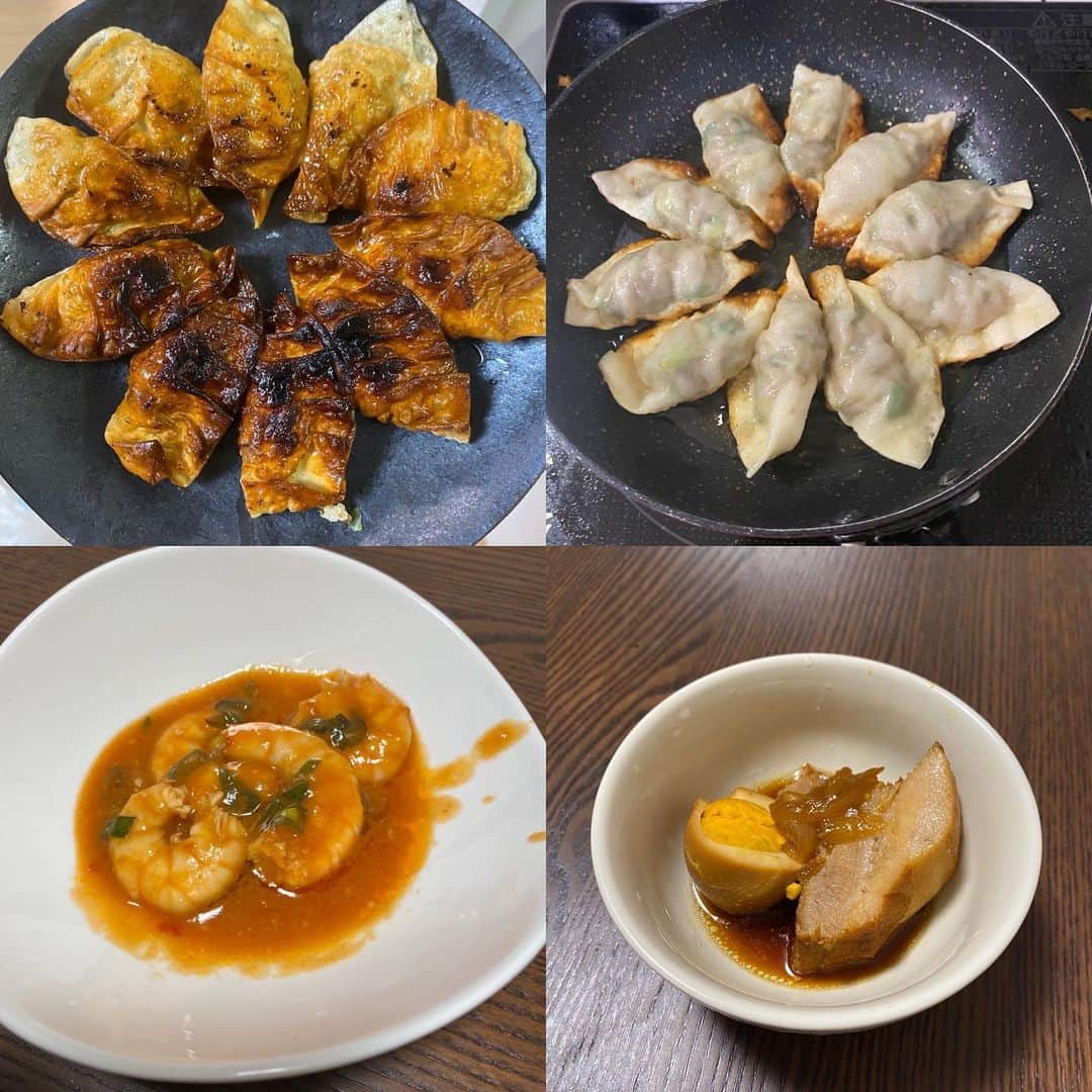 のインスタグラム：「今日の　#nobu飯  日に日に手際が良くなってる！！ この際、居酒屋メニュー極めます笑 餃子、エビチリ、角煮。 美味でございます♡ #nobu飯」
