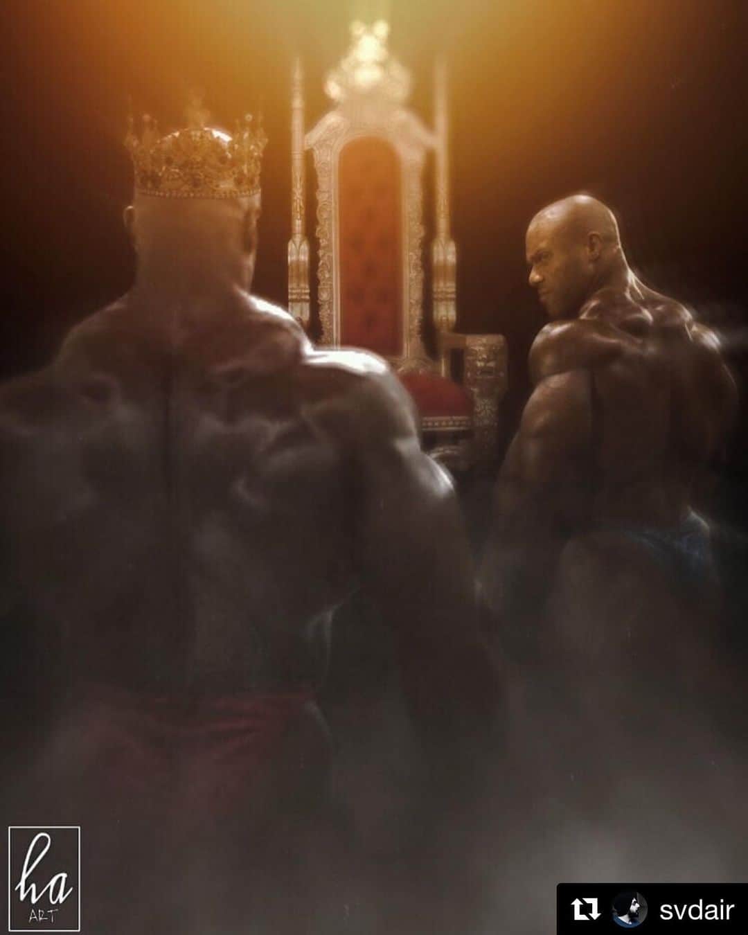 Phil Heathのインスタグラム：「I just saw this amazing edit by @svdair and I must say it really meant a ton to me as this embodies so much hard work, grit, sacrifice, love and respect. I could go on and on about how amazing @ronniecoleman8 is not was, IS as he is someone whom I’ve looked up to for many many years and following his career, going against some of the greatest ever and winning eight straight Sandows is something only him and Lee Haney can understand. In these days during this 2020 hold, I have been able to appreciate the moments of life differently than in years past. This isn’t about a bodybuilding show, not about winning and losing, or regaining a title, this is truly about two men who were destined to be great and decided to rise above odds to achieve it. I wish you all success and I mean all because it’s an amazing feeling to achieve something you’ve poured your hearts into. Whether it be work related, relationships with loved ones or an art or craft be encouraged during these times. Collect your thoughts and feeling and remain in the present time as we are not promised tomorrow. Be strong while others aren’t as you just might be the “light” they truly needed to simply get through another day. Bills suck, not knowing how to earn money sucks, being fearful of illness sucks, but what I believe we all have is our minds and emotions right now and it is how we use it that will align ourselves into the forward progress necessary to overcome life’s obstacles. May you all have a pleasant day! Oh and yes that is Ronnies throne he was just letting me try it out I think 😉. #PhilHeath #RonnieColeman #SandowCollectors #LiveYourLife #BeEncouraged #StayPositive #BigGoat #LittleGoat #KingColeman #KingPhillipThe13th #Success #Ambition #Focus #Gratitude #LoveToAll」