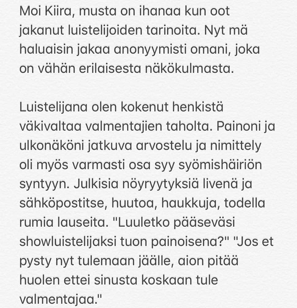 キーラ・コルピのインスタグラム：「Tässä erään rohkean entisen luistelijan, nykyisen valmentajan tarina. 💔❤️💪🏼🦋🔥 ”Haluan tarinallani tuoda esiin sen, että henkistä väkivaltaa ei suinkaan tapahdu vain valmentajan ja luistelijan välillä. Vaan myös valmentajat saattavat olla henkisen väkivallan uhrina. Tehdään tähän jo muutos ja kohdellaan toisiamme hyvin.”」