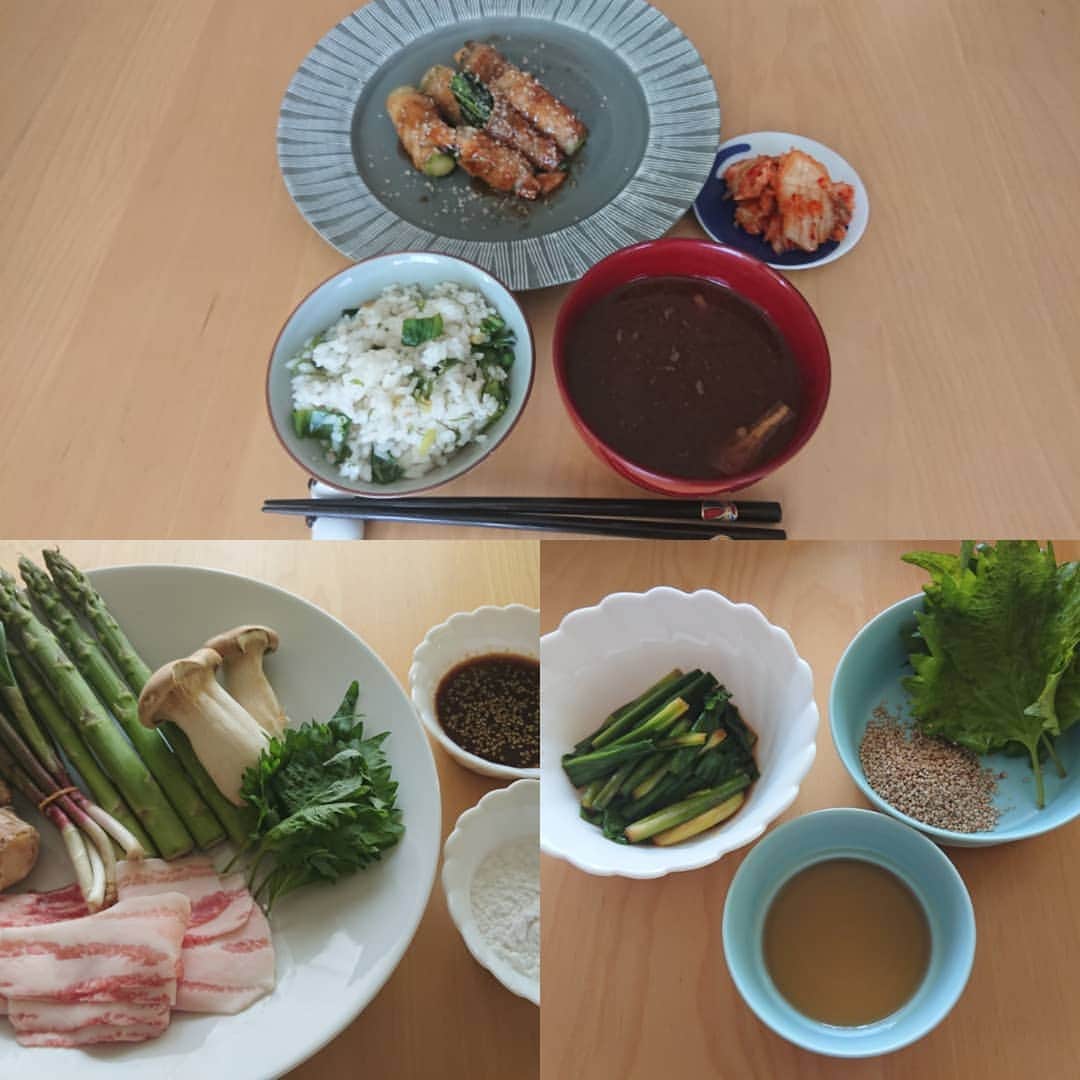 佐藤大さんのインスタグラム写真 - (佐藤大Instagram)「「料理リレー」 プロダンサーのCHINOさんからバトンを受けとりました。  グランジ大の家庭料理でございます。 プロの方ばかりなのでお粗末様でございますがどうぞよろしく。  野菜の肉巻き 写真左下 豚バラ 行者にんにく エリンギ アスパラ 大葉 片栗粉 合わせ調味料(味醂、砂糖、醤油、生姜、ゴマ) 分量は1:1:1ぐらいで、ほぼ目分量です。  写真右下 行者にんにく醤油漬け(昨日作った物) ゴマ 大葉 ゴマ油  醤油漬け、大葉を細かく切って御飯に混ぜ入れごま油、ゴマと軽く混ぜたら完成です。  肉巻きも行者にんにくビビンパも簡単なので是非！！御家庭で  #うちで過ごそう #stayhome #料理リレー #夫婦飯 #椿鬼奴 #グランジ大」4月8日 12時16分 - satodaidaidai