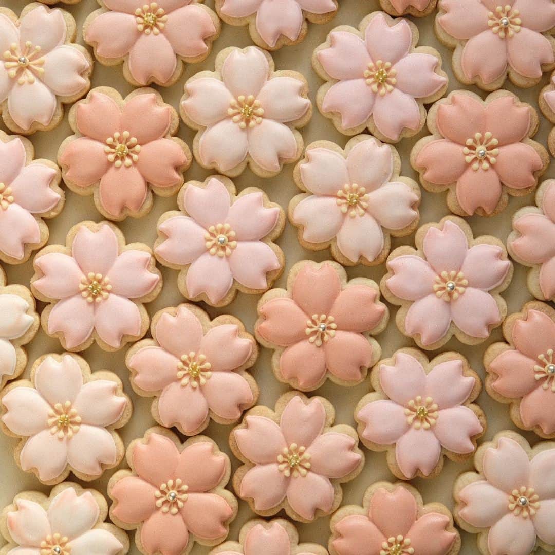 KUNIKAのインスタグラム：「Let's enjoy cherry blossom viewing with icing cookies🌸🌸🌸﻿ ﻿ この前、初めてのインスタライブをやるにあたりモチーフのアンケートをした結果、桜が断トツで多かったので、満開の桜クッキーを作りました🌸﻿ (インスタライブ見てくださった方はご存知だと思いますが、緊張でめっちゃ手震えながら作りました...お恥ずかしい笑。ほんのりした光沢も、写真に撮るとこのような感じになります。)﻿ ﻿ 今年のお花見はグッと我慢の春になりましたが、来年の楽しみが増えたと思いましょ🌸﻿ ﻿ インスタライブ、またやる予定です。﻿ ストーリーでお知らせしますね🧜‍♀️﻿ ﻿ 一緒におうち時間をリラックスしながら、乗り越えましょう🦢﻿ お仕事で外出しなきゃいけない皆様、最大限の予防をして、どうかお気をつけください。 そして、人々の生活や健康を支えてくださっている方々に心からの感謝を。 ﻿ ﻿ ﻿ #artofkunika #sugarcookies #decoratedcookies #cookieart #decoratedsugarcookies #royalicing #royalicingcookies #cookiedecorating #customcookies #cookiesofinstagram #cookiedesign #cookieartist #instacookie #cherryblossom #cherryblossoms #cherryblossomviewing #sakura #ohanami  #アイシングクッキー #桜 #桜スイーツ #お花見」