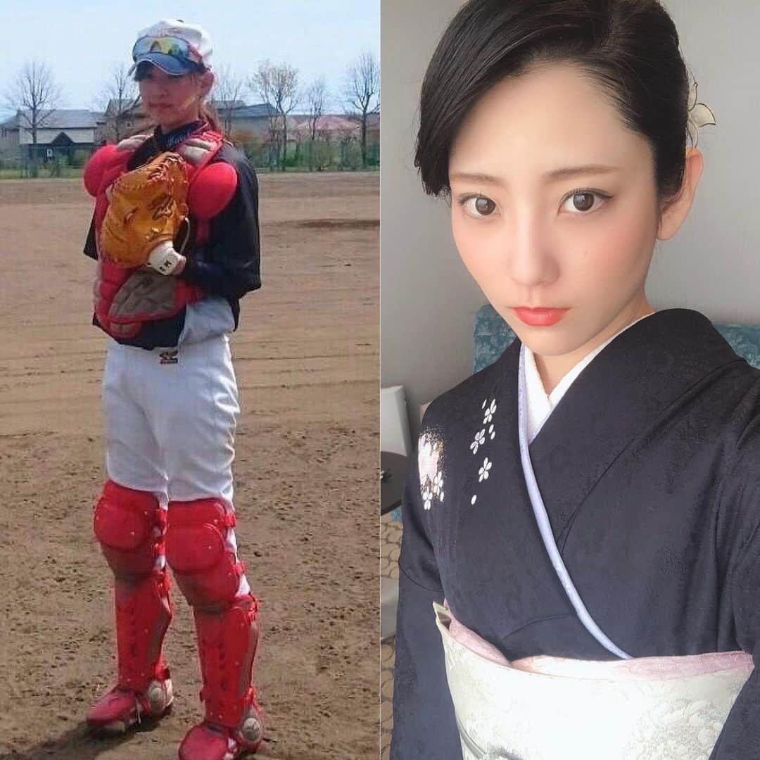 椿梨央のインスタグラム：「どっちが好きですかー？🤤 (だいたい皆さん野球という)❣️ . #これがこう . . . セカンドショートのイメージが 強いかと思いますが 女子野球でもキャッチャー やってましたし、 中学の部活では男子と混ざって ゴリゴリの背番号2で キャッチャーやってました！笑 中学が1番アザが多かったかな🥺 そして今よりも5キロほど体重もありました‼️笑 . . . 20歳になり、着物の先生と出会って 自装着付け(自分で着物を着る) コンテストにも出場し 全国大会まで行きました😆❤️ . . 趣味が沢山ある 椿なのです✨ . . . #野球 #女子野球 #野球女子 #草野球 #天晴 #キャッチャー #セカンド #ショート #着物 #着付け #自装着付け #コンテスト #椿梨央」