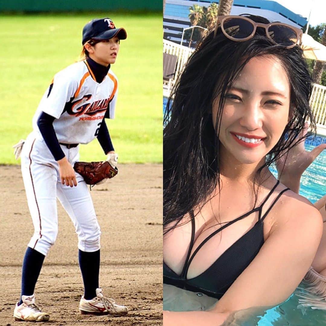 椿梨央のインスタグラム：「今日はどっちが好きですかー？✨ #これがこう . . これはショート守ってる写真！ 口小さいのに 常に開いていて閉じれない人🙋‍♀️ どの写真見てもあいてる。笑 . . . なんだかんだで毎年水着 買っちゃうな〜 フリフリとか着ちゃってみる？🤔💕 どうですか。？ . . . これがこうのネタがもう切れそうだ。。。 . . #野球 #野球女子 #女子野球 #草野球 #天晴 #ショート #水着 #プール #海 #夏 いきたいね　#椿梨央」
