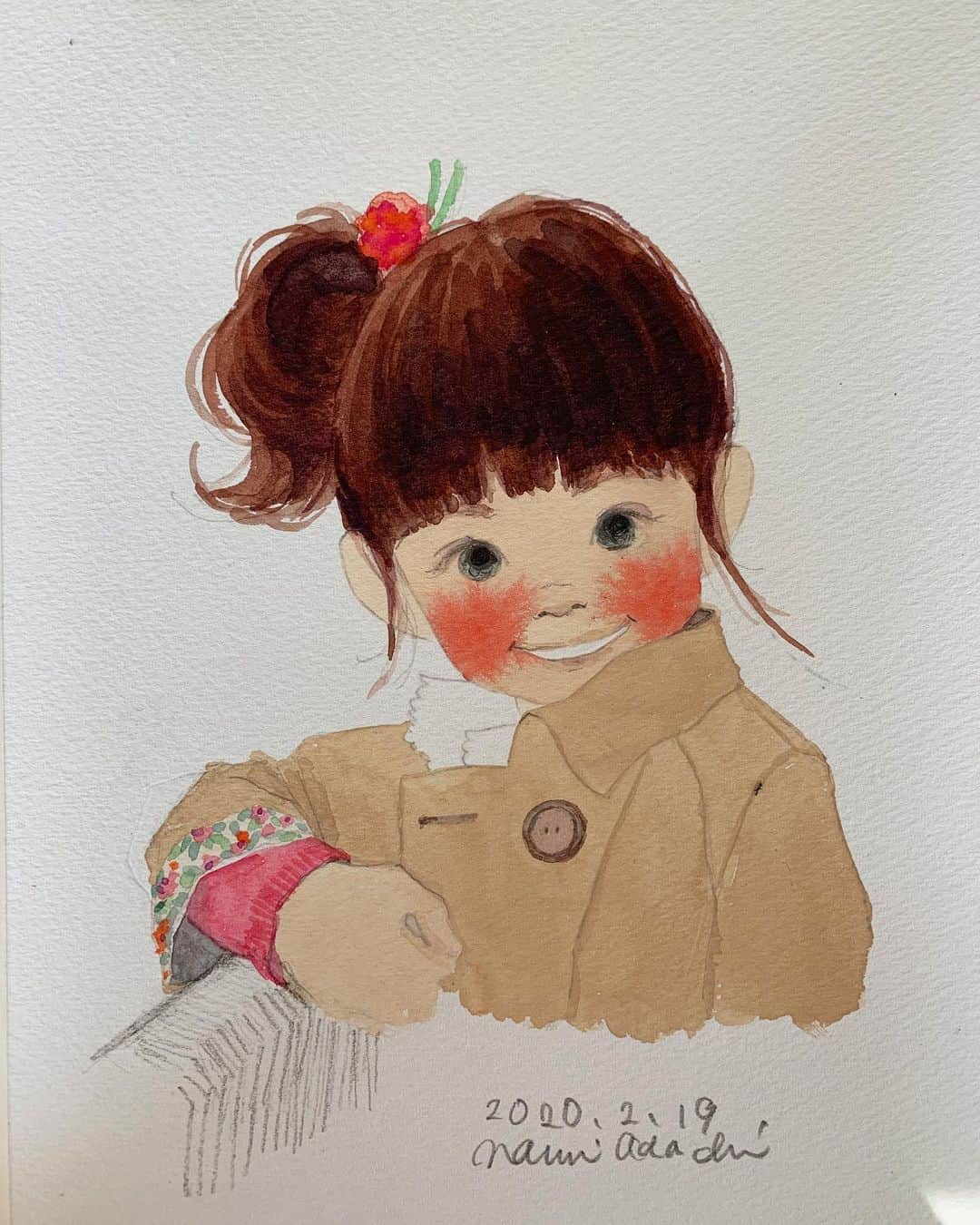 のインスタグラム：「可愛い子、描きました📕 「のびのび子育て 5月号」の表紙絵。 スプリングコートを着たにっこりさん。 . #装画 #phpのびのび子育て #magazine #watercolor #drawing #あだちなみ」