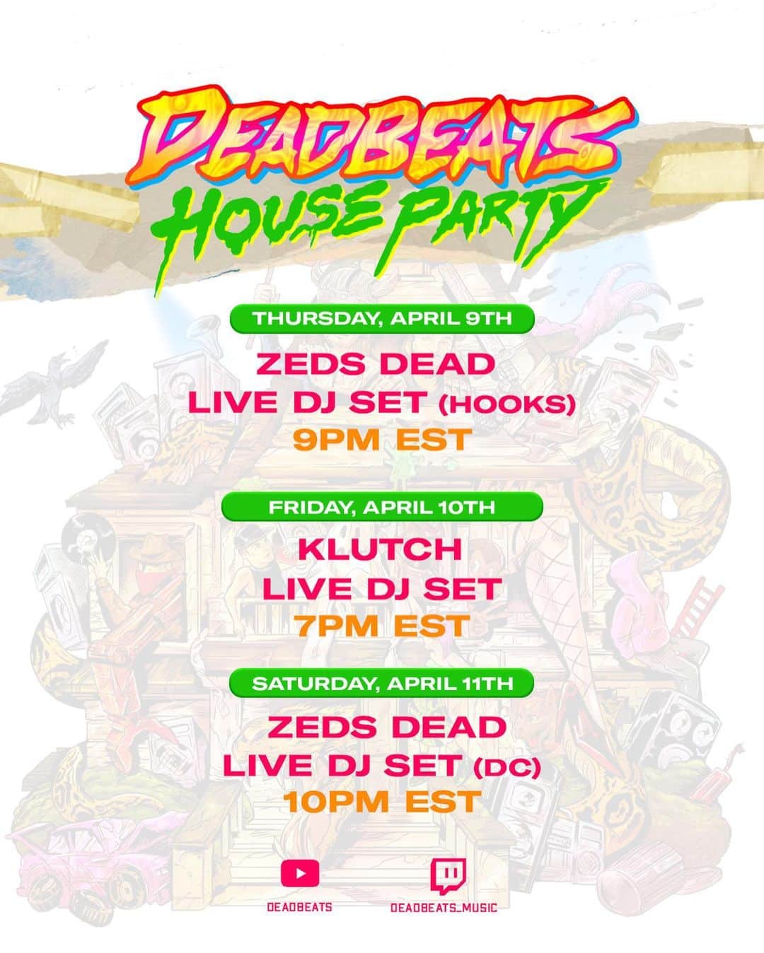 Zeds Deadさんのインスタグラム写真 - (Zeds DeadInstagram)「Going LIVE tonight with an all new set for you on the Deadbeats House Party stream with Hooks at 9PM EST. And Saturday night we're doing an all DC set! Get locked in! 📺 deadbeats.lnk.to/HouseParty link in bio」4月10日 3時55分 - zedsdead
