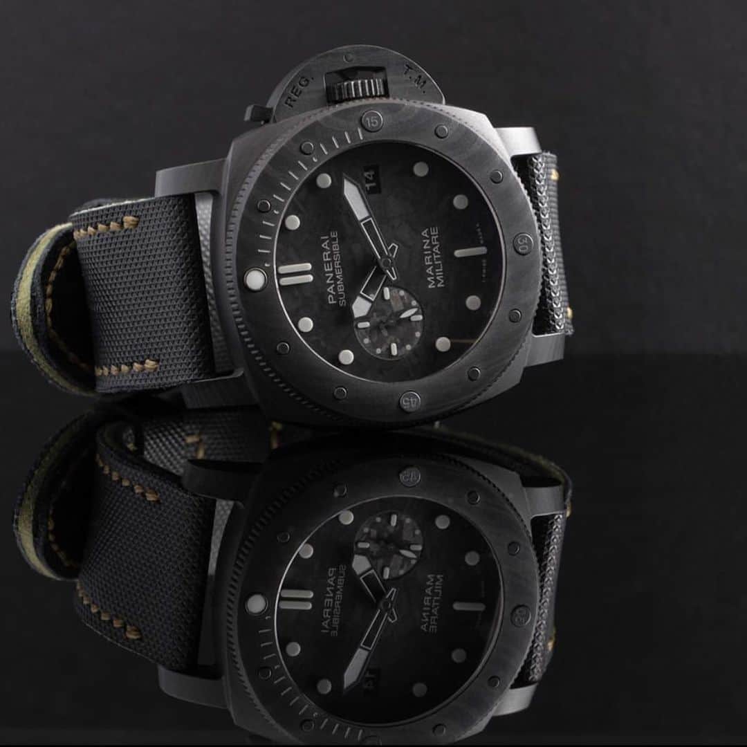 パネライのインスタグラム：「One of the finalists in our Panerai Madness contest and you can easily see why. The stealth look of the #Panerai #PAM979 Carbotech Marina Miltare Submersible with 3D lume blocks. #paneraicentral pic by @martintylerwatches」