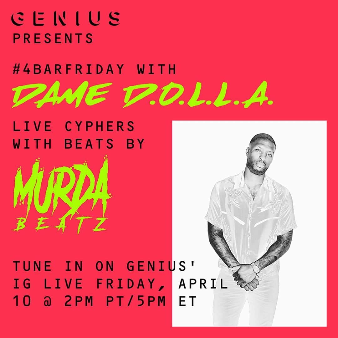デイミアン・リラードのインスタグラム：「Back at it for Week 2 of my #4BarFriday Live Cypher on @Genius IG Live tomorrow at 2 west coast/5 east coast. Beats for this week provided by @murdabeatz! @murdabeatz and other big names will be on live with me for Week 2. The MCs in Week 1 went crazy and set the bar high! 8 new MCs coming through for Week 2. Be ready @cjwestley, @jdaye007, @patentpendin @brookfieldduece, @thatboylazo, @kylesliim, @dannyfromsobrante, @onetakedrew! Swipe through for a clip from Week 1. @camarcher spazzed!」