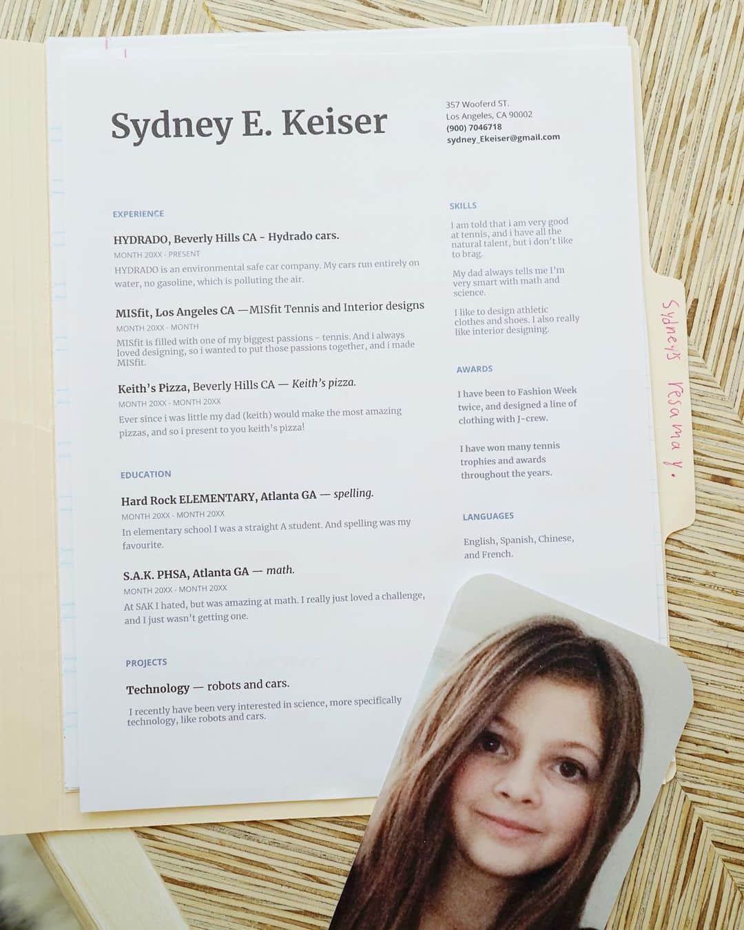 Angie Keiserのインスタグラム：「I had no idea she even knew what a “resamay” was, until I found this folder on our kitchen counter. I guess she found a template on her computer and decided to fill it in. Then took a selfie on her iPod and printed that too. Filing this one away for future reference ❤️ (all personal info is completely made up, so don’t try reaching her at any of the included contacts 🤪) #MyFakeResume #BoredomIsAGift  What would be on your fake resume?!?!」