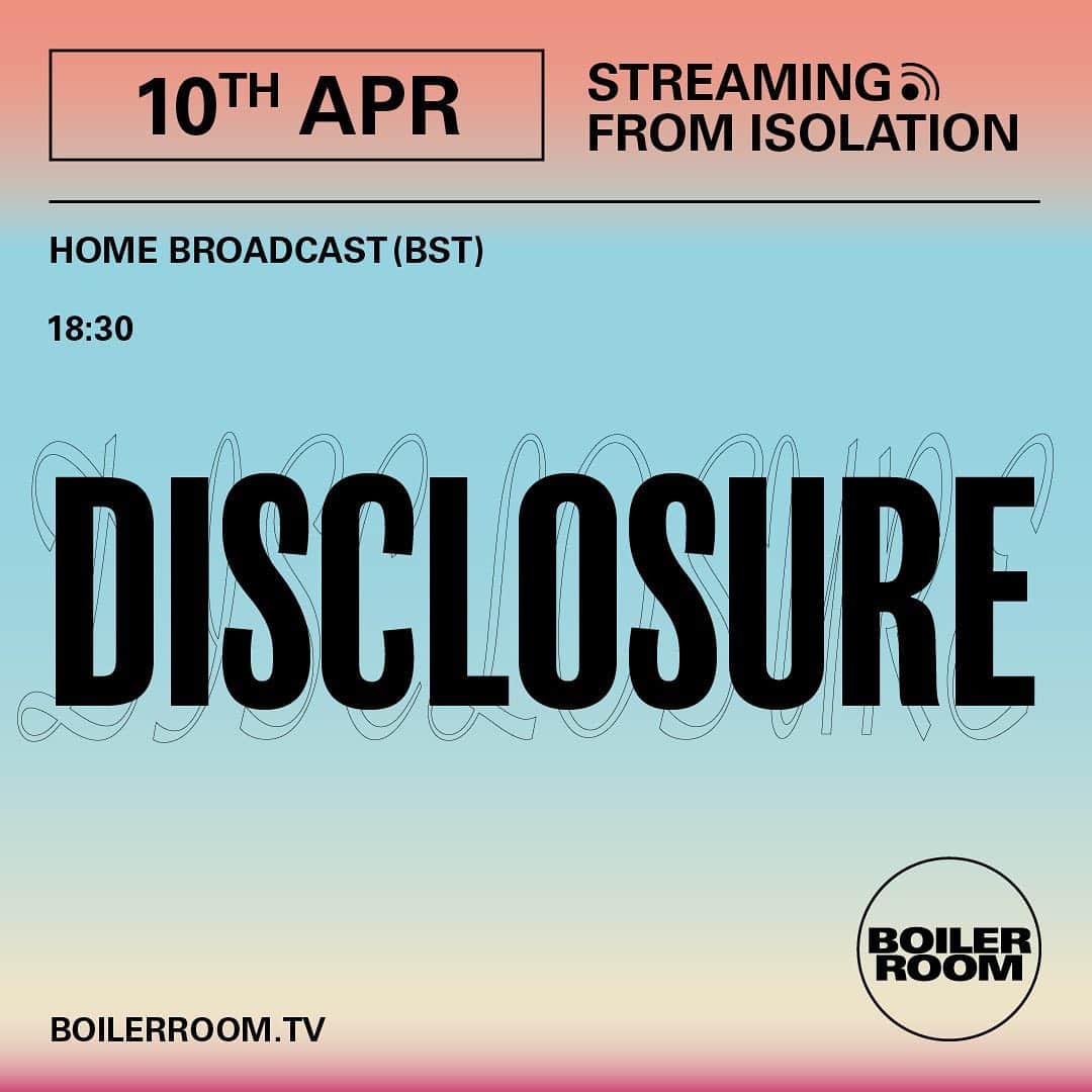 Disclosureさんのインスタグラム写真 - (DisclosureInstagram)「‪Self Isolation F.M. x @boilerroomtv ‬ ‪Today 6.30pm BST ‬/ 1.30pm EST / 10.30am PST See you then ♥️🎶 (link in stories)‬ ‪ ‬」4月11日 0時16分 - disclosure