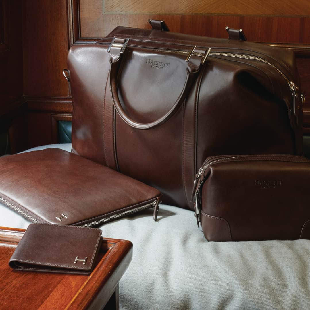 ハケットのインスタグラム：「The pure definition of travelling in style: the Hackett Mayfair collection of premium leather luggage. Find your perfect travel companion online or in store. #HackettFirstClass #HackettMayfair」