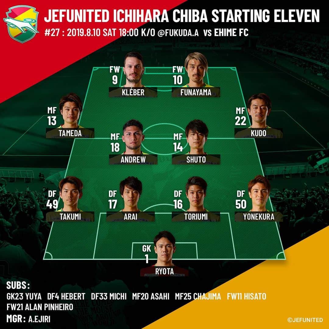 ジェフユナイテッド市原・千葉のインスタグラム：「2019.8.10 SAT 18:00 K/O vs EHIME FC JEFUNITED STARTING Ⅺ  #jefunited  #jef  #ジェフ千葉  #愛媛FC #スターティングメンバー #明治安田生命J2リーグ  #Jリーグ  #jleague」