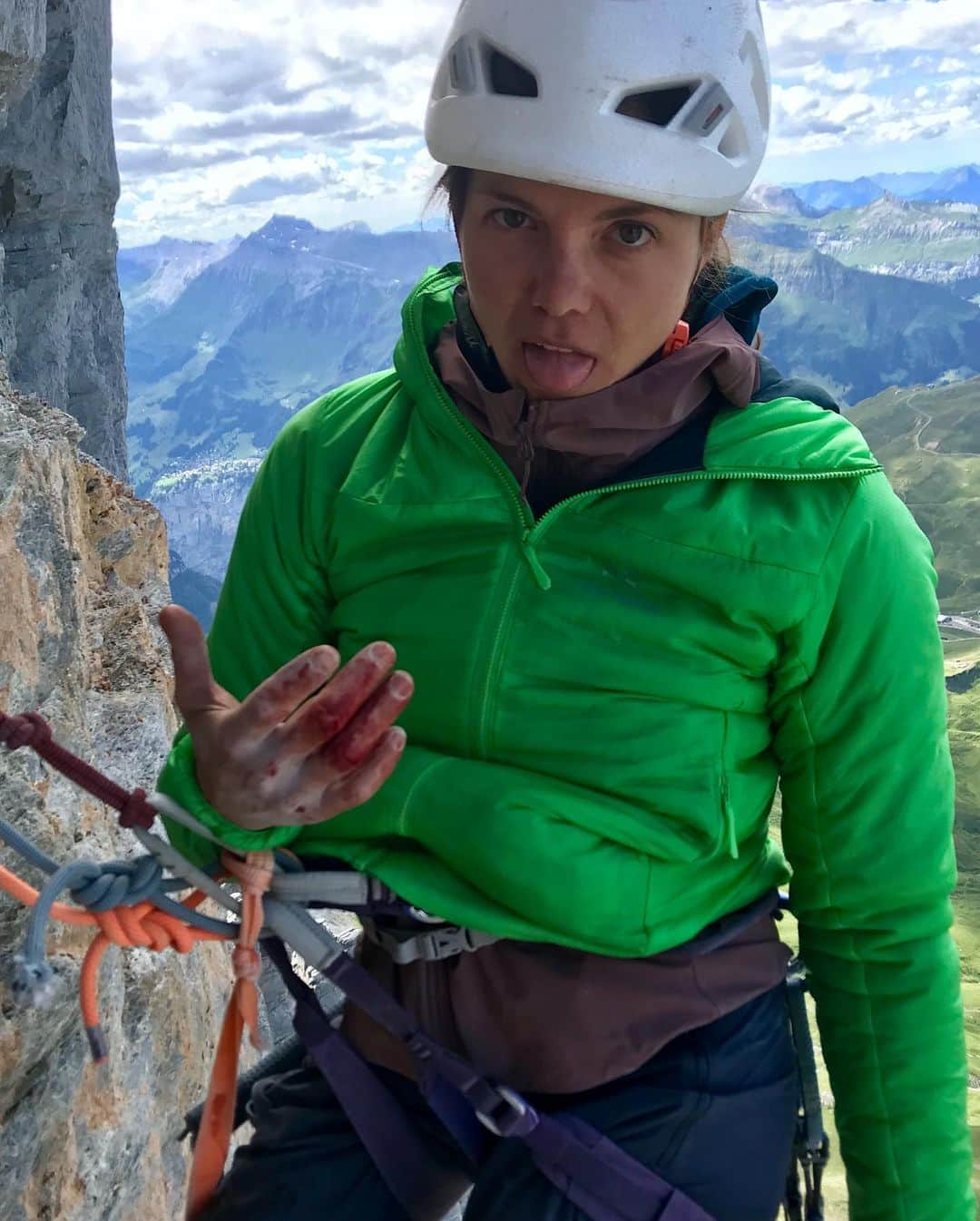 ニナ・カプレツさんのインスタグラム写真 - (ニナ・カプレツInstagram)「Opening a new route on the Eiger north face is a damn great adventure...especially with those crazy guys! Our “No A0 “ground up ethic made the setting very spicy. Thanks @arcteryx for the brand new Nuclei FL jacket and the Gamma SL hoody, the perfect clothes for that kind of alpine climbing. They might have some blood on it now... 😜  Huge thanks to @backdoor_shop for offering the E-bikes and @jungfraujochtopofeurope for bringing up our bags to the Eigergletscher. We had soooo much fun riding all the way up and back down from Grindelwald with the e bikes. 📸 @rogerschaeli  #lovelife #eigeradventure #newascent #alpineclimbing #petzlteam #helmetup #scarpaclimb  @arcteryx @petzl_official @scarpaspa @msr_gear @lyofood」8月10日 17時30分 - ninacaprez