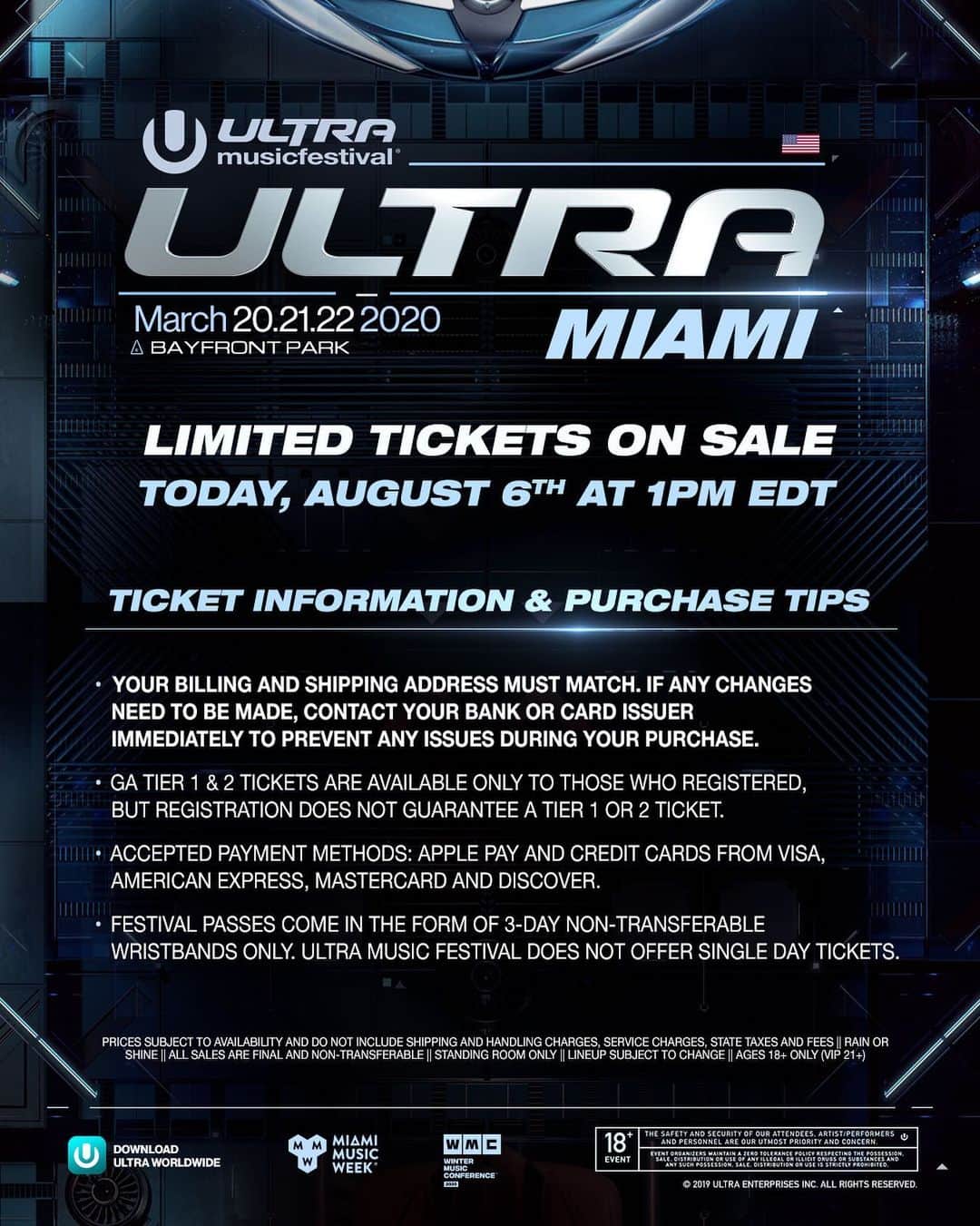 Ultra Music Festivalさんのインスタグラム写真 - (Ultra Music FestivalInstagram)「A limited number of tickets for #Ultra2020 will be available for purchase TODAY beginning at 1pm EDT!  Ahead of the sale, we highly advise you become familiar with this important ticket information and purchase tips.  For the Ultra Passport holders who registered, please check your emails for important instructions including the time of your sale and how the purchase process will work for you.」8月7日 0時18分 - ultra