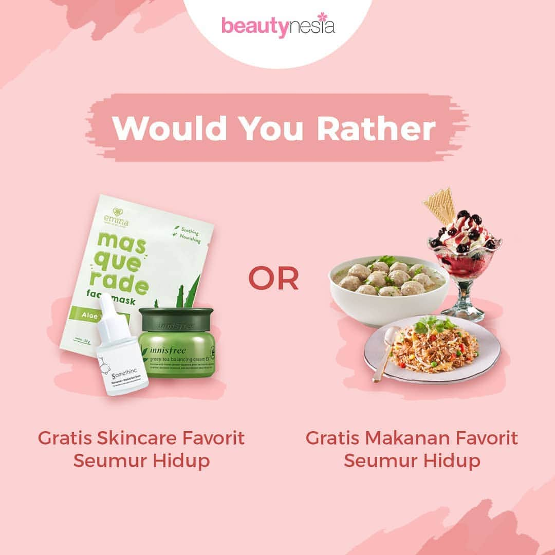 Beauty | Health | Fashionさんのインスタグラム写真 - (Beauty | Health | FashionInstagram)「Hari Selasa gini masih sibuk-sibuknya sama kegiatan, Beautynesian? Tapi jangan lupa istirahat ya, biar tubuh kamu tetap segar.  Nah, sambil istirahat santai, kalian bisa sambil jawab pertanyaan kita minggu ini loh 😉  Jadi kalau kalian dapat tawaran gratis, pilih gratis skincare seumur hidup atau gratis makanan favorit seumur hidup nih gengs? 😆 Komen pilihan kalian yak  #Beautynesia #BeautynesiaID #WouldYouRather #ThisOrThat #funandgames #games」8月6日 16時57分 - beautynesia.id