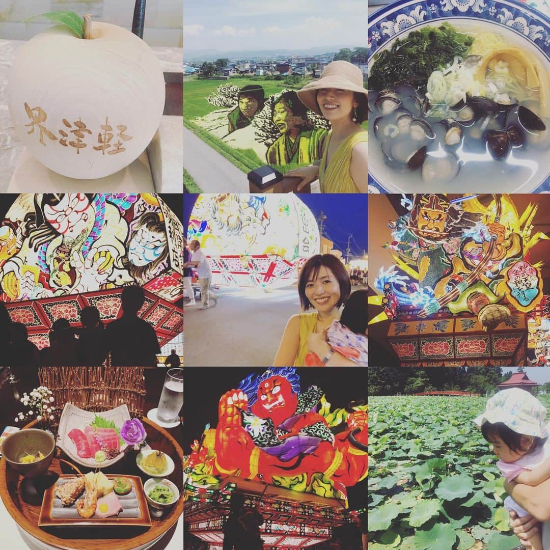 堀友理子さんのインスタグラム写真 - (堀友理子Instagram)「青森県に行ってきました🤗 ちょうどお祭りの時期で、弘前の扇ねぷたを見てきました✨青森のねぶた祭、五所川原の立ちねぷた、それぞれ違うんですよね(ねぶたとかねぷたとか） 扇ねぷた、その迫力と綺麗さに感動🥺 娘はねぷたのお顔が怖いみたいで号泣して30分ぐらいしか見られなかったけれど😅 田んぼアートもすごかった💛（今年はおしん） そして至る所に林檎畑が広がっていました〜🍎 いつか青森のねぶた祭りも見てみたいなぁ‼✨ #青森県#ねぷた祭り#弘前ねぷた#五所川原ねぷた#立ちねぷた#田んぼアート おしん#星野リゾート界津軽#蓮池#しじみラーメン#お墓参り」8月6日 18時13分 - horiyurisanpo