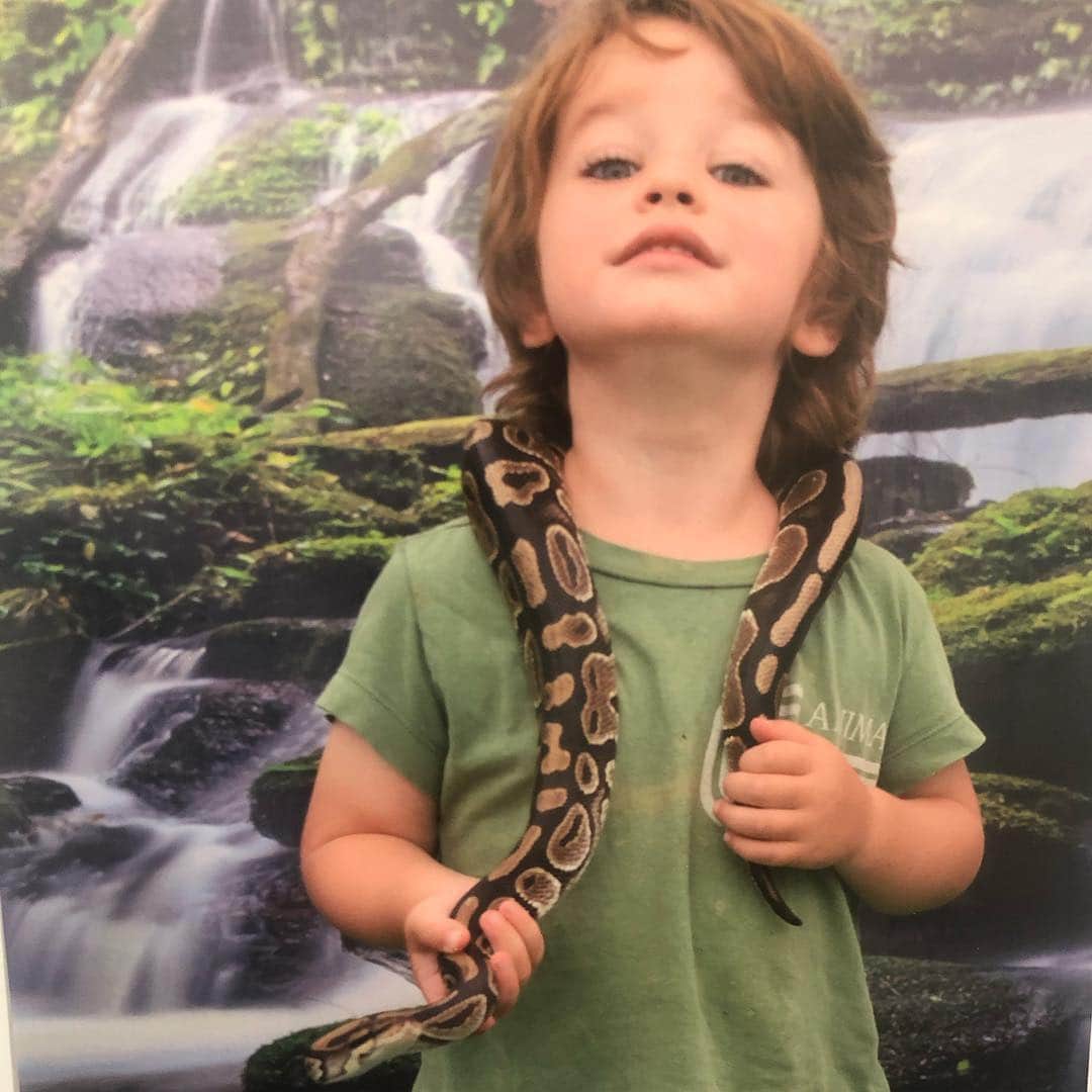 ロビン・タニーのインスタグラム：「When the universe is trying to teach you something by giving you a child who loves so many things you find frightening. #reptiles」