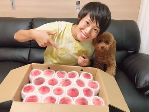 若林美里のインスタグラム：「・ ・ 今年も福島から桃🍑が届きました😍💓 毎年ありがとうございます😆🙏 美味しくいただきます😋 ・ ・ そして、 今更ながらみなさんにご紹介🐶😁 ・ ・ 名前は『太陽』 性別はオスです。 7ヶ月になりました！ よろしくお願いします🐶 ・ ・ #福島#桃#あかつき#楢葉中#恩師#ありがとう」