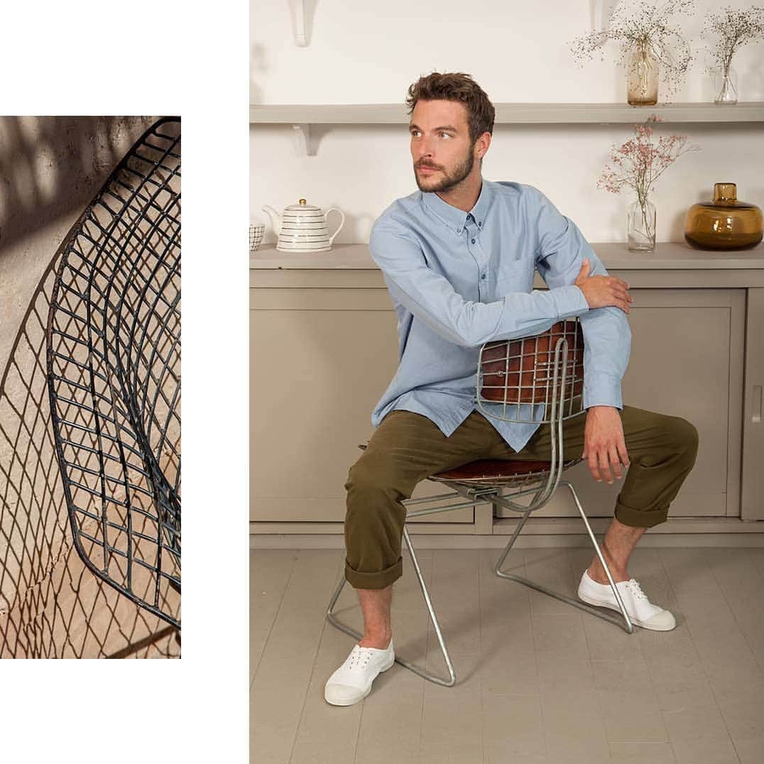 ベンシモンのインスタグラム：「Une paire de tennis iconique, une chemise et un pantalon au style army: le combo parfait pour un look casual élégant! 🌿 🇬🇧 An iconic pair of tennis shoes, an army style shirt and pants: the perfect combination for a casual and elegant look! 🌿 #Bensimon #vestiairemasculin #homme #tennis」