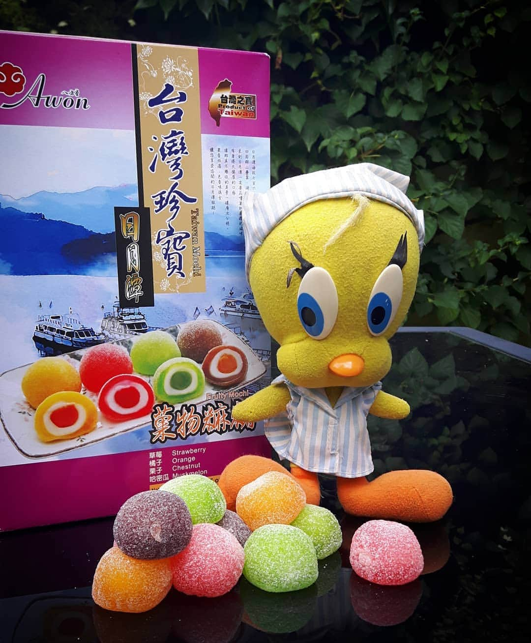 Little Yellow Birdさんのインスタグラム写真 - (Little Yellow BirdInstagram)「Today I bring Asian sweets to #honeygroveteapartytuesday: Mochi!! Nice, sticky, gooey and slightly weird! #littleyellowbird #tweety #tweetykweelapis #adventures #yellow #bird #tuesday #sweets #sweettreat #mochi #asiansweets #chestnut #orange #strawberry #melon #sticky #gooey #food #stuffedanimalsofinstagram #plushiesofinstagram」8月6日 22時17分 - tweetykweelapis