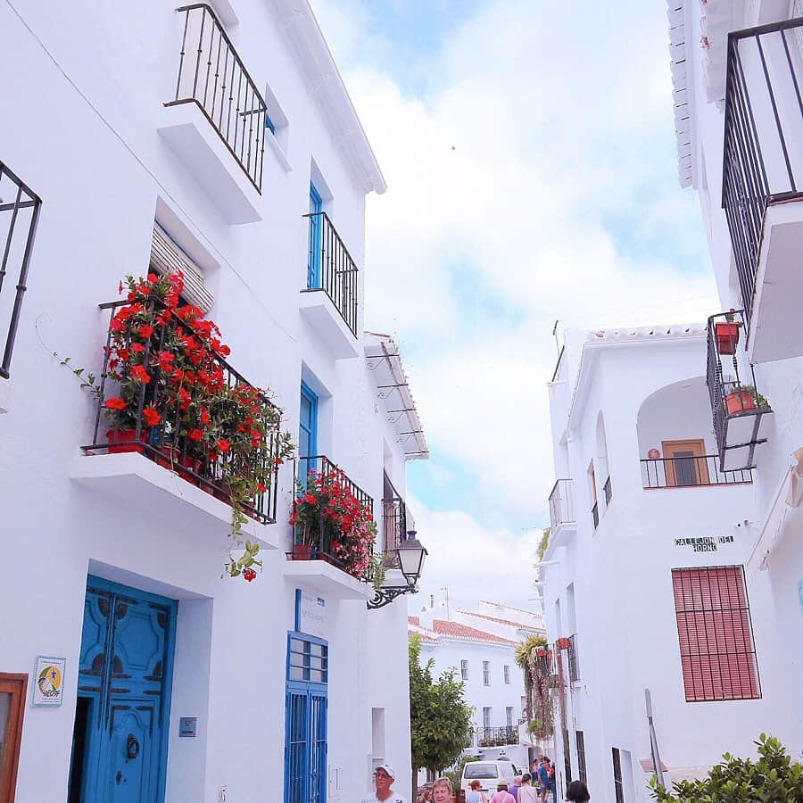 瀧田彩のインスタグラム：「ネルハの近くにある白い街﻿ フリヒリアナ﻿ ﻿ “スペイン一美しい街”に選ばれたことのあるところです🌟﻿ ﻿ 白い建物にカラフルなドアや窓、鮮やかな花が映えてとても綺麗でした😊💐✨✨﻿ ﻿ ﻿ #frigiliana #フリヒリアナ #프리힐리아나 #スペイン旅行 #스페인여행」