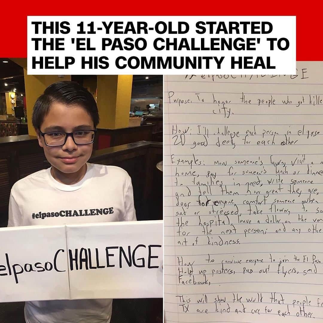 CNNさんのインスタグラム写真 - (CNNInstagram)「Sixth-grader Ruben Martinez started the #ElPasoChallenge to help his community heal from the shooting that killed 22 people and injured 24 others. Here’s how it works: He’s challenging each person in El Paso to do 22 good deeds for others — one for each of the people killed when a white supremacist opened fire Saturday inside a Walmart. Martinez’s first act of kindness was delivering dinner to first responders. He offers other suggestions: mow someone’s lawn, visit a nursing home, pay for someone’s lunch or dinner, donate to families in need, hold the door open for everyone. (📸: Rose Gandarilla)」8月7日 1時00分 - cnn