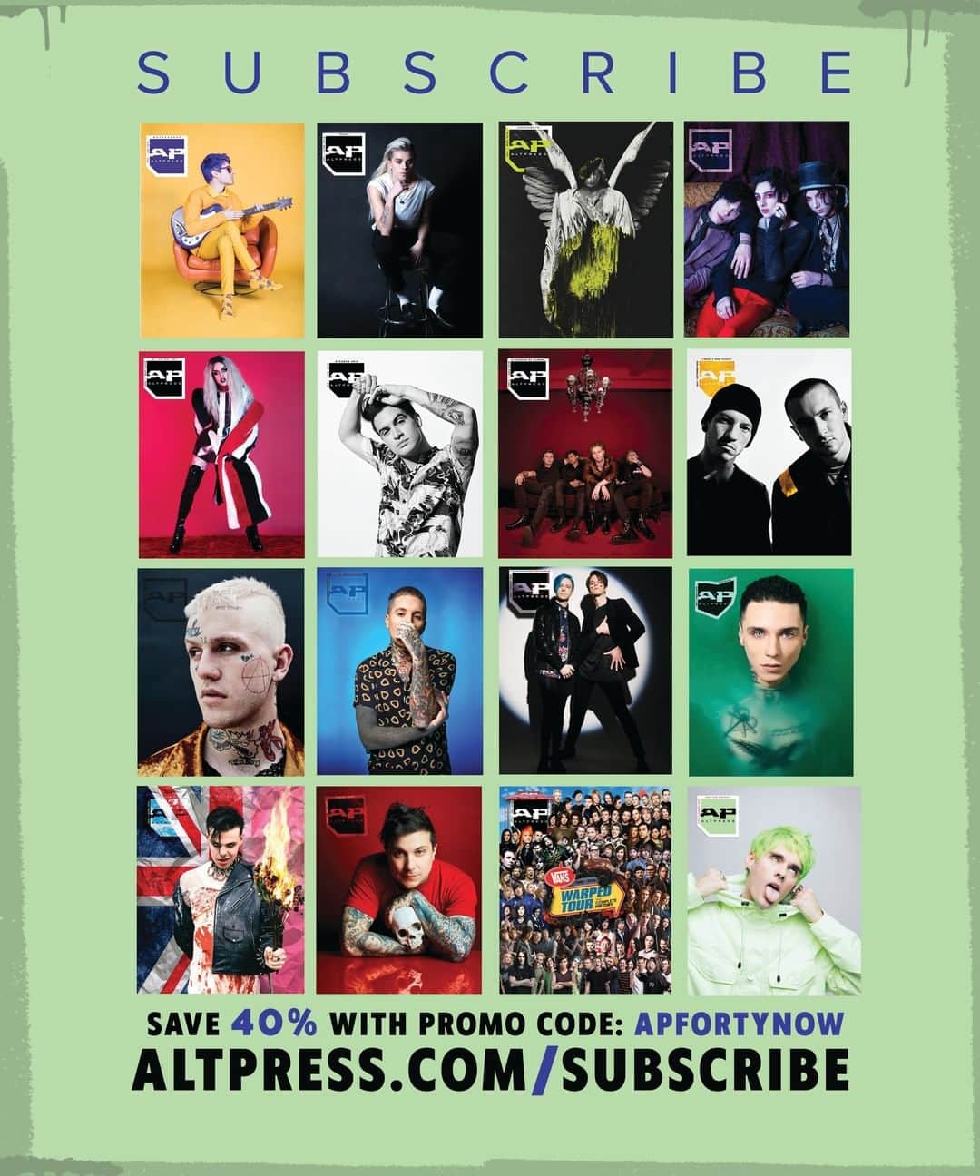 Alternative Pressさんのインスタグラム写真 - (Alternative PressInstagram)「@waterparks, @ThisIsPVRIS, @palayeroyale, @panicatthedisco, @twentyonepilots, @frankieromustdie and more! All of your favorite artists, all on the pages of ALTERNATIVE PRESS – Get ahead of the music with a subscription to AltPress. Use code APFORTYNOW and get your monthly magazine delivered straight to your door - $3/issue + FREE SHIPPING! ⁠⠀⁠ ALTPRESS.COM/MEMBERSHIPS⁠ or LINK IN BIO⁠ .⁠⠀⁠ .⁠⠀⁠ .⁠⠀⁠ #waterparks #awstenknight #PVRIS #lynngunn #underoath #palayeroyale #adoredelano #brendonurie #panicatthedisco #patd #5SOS #5secondsofsummer #andyblack #andybiersack #twentyonepilots #TØP #tilian #dancegavindance #lilpeep #bringmethehorizon #bmth #olisykes #idkhow #ryanseaman #dallonweekes #yungblud #frankiero #alternativepress #altpress⁠⠀」8月7日 3時01分 - altpress