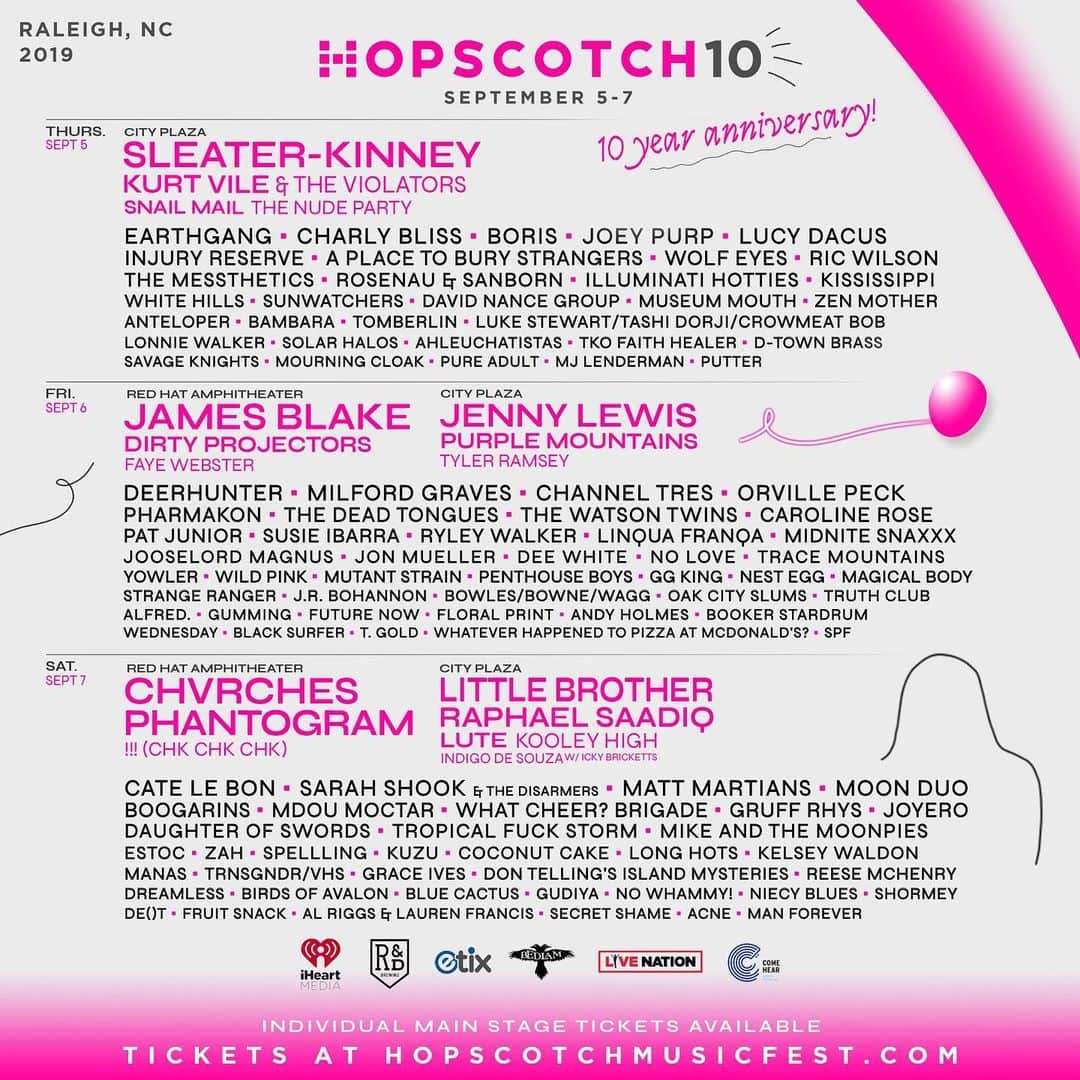 のインスタグラム：「Excited to announce we will be playing @hopscotchfest on Thursday September 5 with @iamapureadult, @bambaraband & #tkofaithheather at @slims_tagrams in Raleigh, NC.  The festival’s lineup is insane with @sleater_kinney & @kurtvile & @borisband & @jamesblake & @jennydianelewis & @deerhuntermusic & more!  Tickets:  https://hopscotchmusicfest.com/tickets/?fbclid=IwAR2boMsja1zUKgnbPMDSN0q6UQYdpOg2cRxoM1aQFtkMzfELGCjtIJH-B80  #hopscotchfestival #raleigh #northcarolina #pureadult #bambara #tkofaithhealer #slimsraleigh #sleaterkinney #kurtvile #boris #jamesblake #jennylewish #chvrches #phantogram」