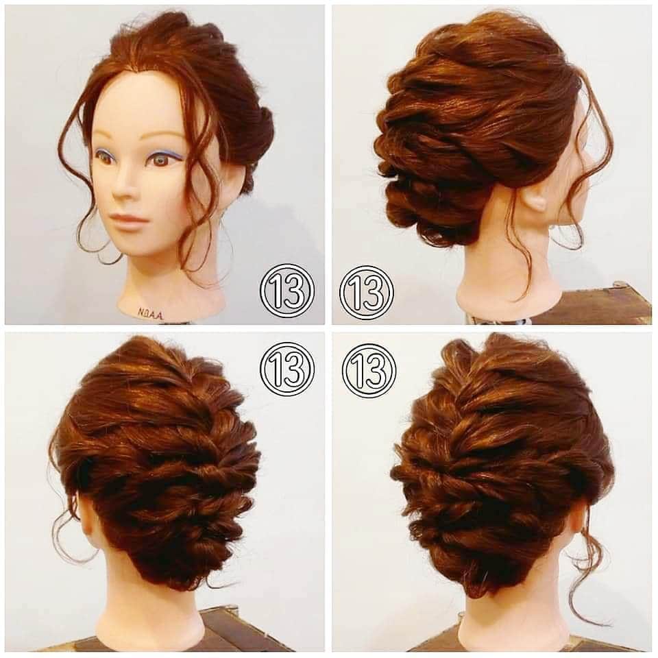 nest hairsalonさんのインスタグラム写真 - (nest hairsalonInstagram)「先程の投稿スタイルの作り方です！  アップアレンジ  ① トップから後頭部の高い位置までを編み込みしゴムで結びます。 ② サイドのの髪を後ろに向けてロープ編みの要領で髪を拾い足しながら編んでいきます。 ③ 後ろまで編んだらピンで留めます。 ④ 反対側のサイドも同じようにロープ編み込みをして… ⑤ ピンで留めます。 ⑥ 耳の後ろの髪を両側からとり… ⑦ 後ろで結びます。 ⑧ それをくるりんぱします。 ⑨ 残ったえりあしの髪もサイドからロープ編みの要領で髪を拾い足しながら編んでいきます。 ⑩ 真ん中まで来たらピンで留めます。 ⑪ 反対側も同じようにロープ編み込みをしてピンで留めます。 ⑫ 出ている毛先をねじって内側に入れ込んでピンで留めて… [スワイプ]  ⑬ 下ろした前髪を巻いてかたちを整えたら出来上がりです！  #横浜美容室#ヘアサロン#ヘアエステ#美容室#ヘアアレンジ#ヘアアレンジ解説#ヘアアレンジプロセス#簡単アレンジ#まとめ髪#ヘアスタイル#アップアレンジ#編み込み#くるりんぱ#ロープ編み#ロープ編み込み#横浜#横浜元町#石川町#元町#nest#nesthairsalon#スタイリスト募集」8月7日 6時40分 - nest_hairsalon